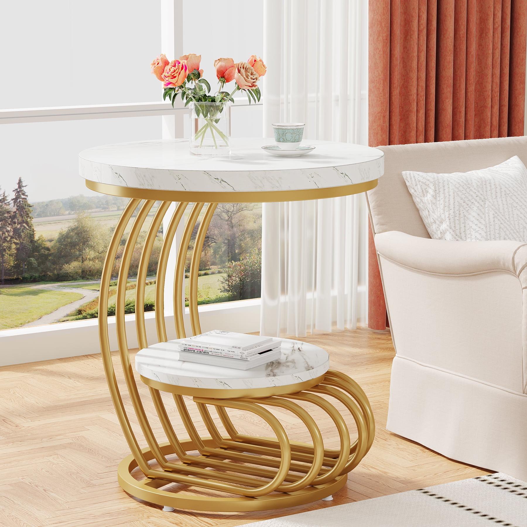 Hommoo Round End Table, 2 Tiers Faux Marble Side Table with Storage Shelf White & Gold