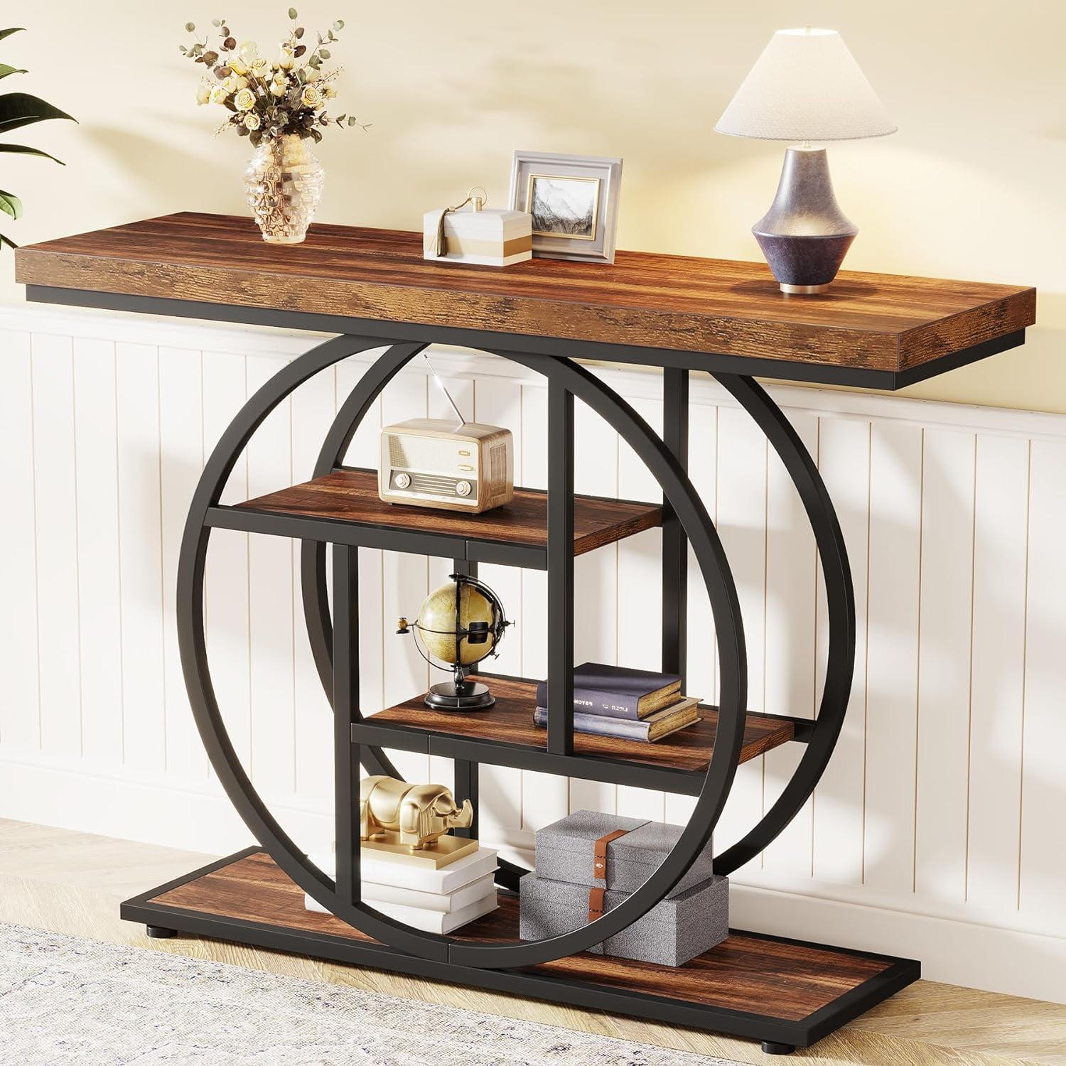 Rustic Brown 41.3" Industrial Wood and Metal Console Table with Storage