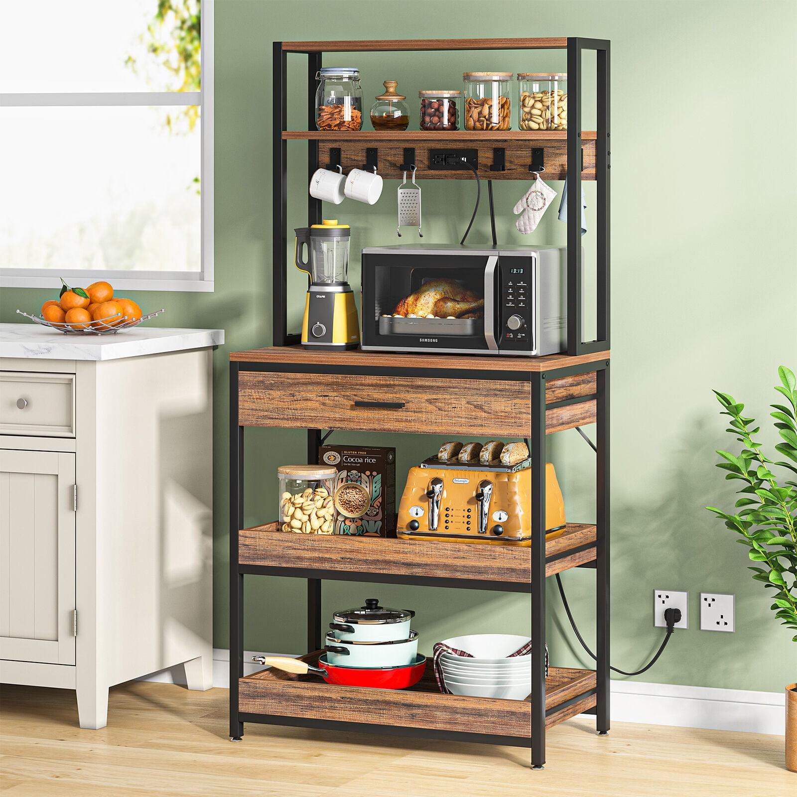 Rustic Brown Adjustable 5-Tier Baker's Rack with Power Outlets