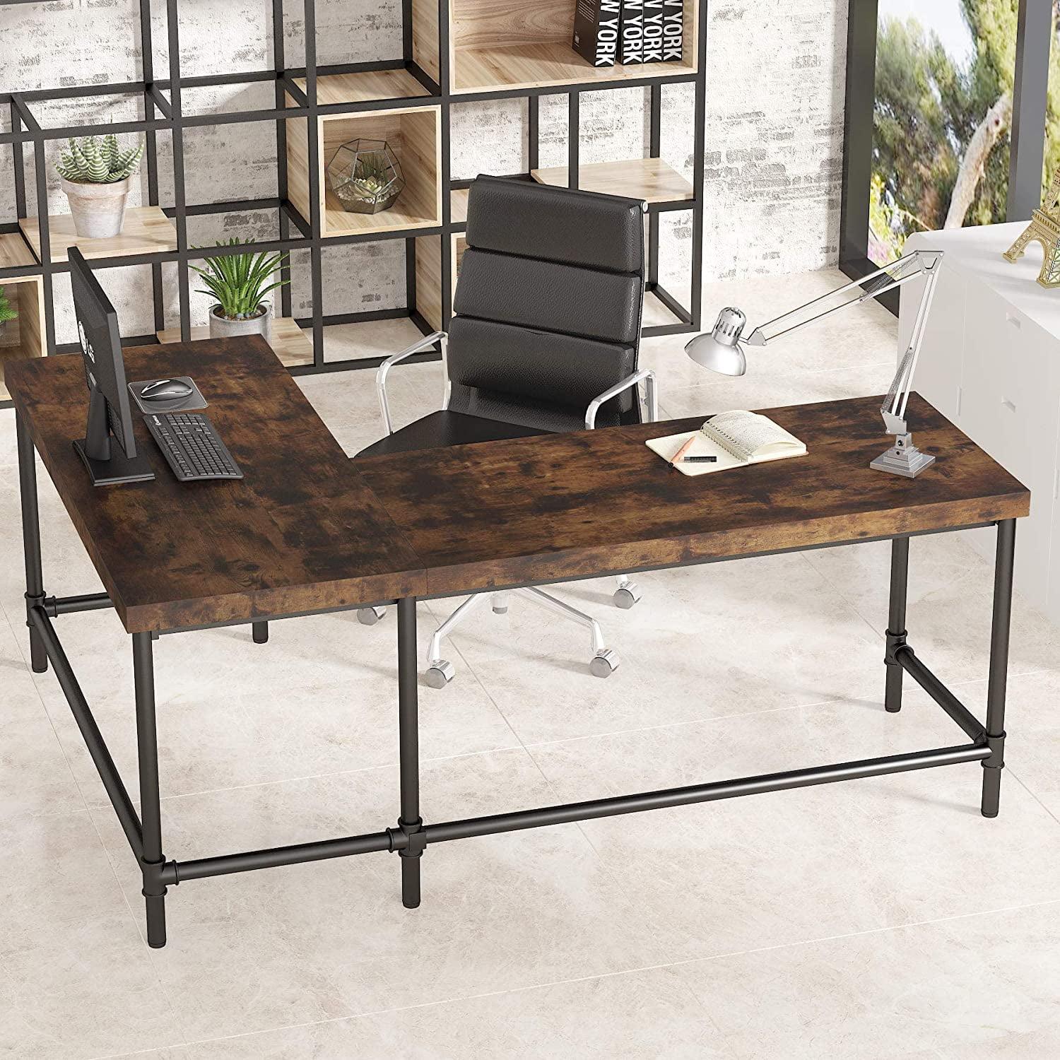 Tribesigns 67 inch L-Shaped Desk,Industrial L Desk, Reversible Corner Computer Office Desk Study Table Workstation with Pipe Legs for Home Office(Brown)