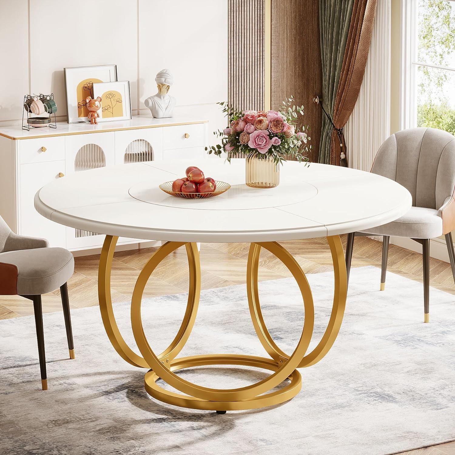 47 inch Dining Table for Dining Room, 4 People Round Dinner Table white & Gold