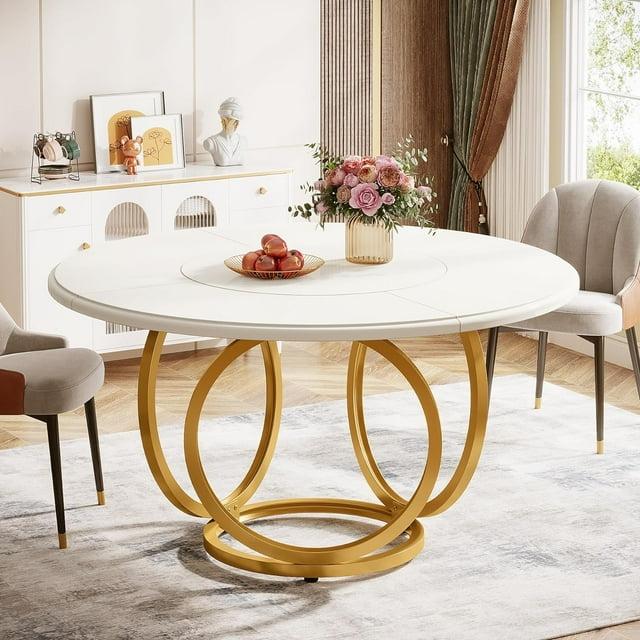 47 inch Dining Table for Dining Room, 4 People Round Dinner Table white & Gold
