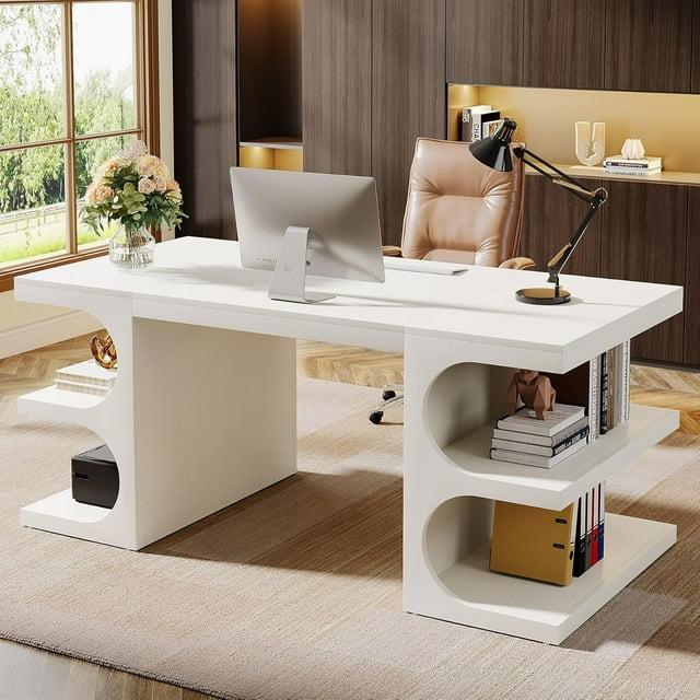 Ivy Bronx 62" White Computer Desk For Home Office, Modern Executive Office Desk with  Storage Shelves