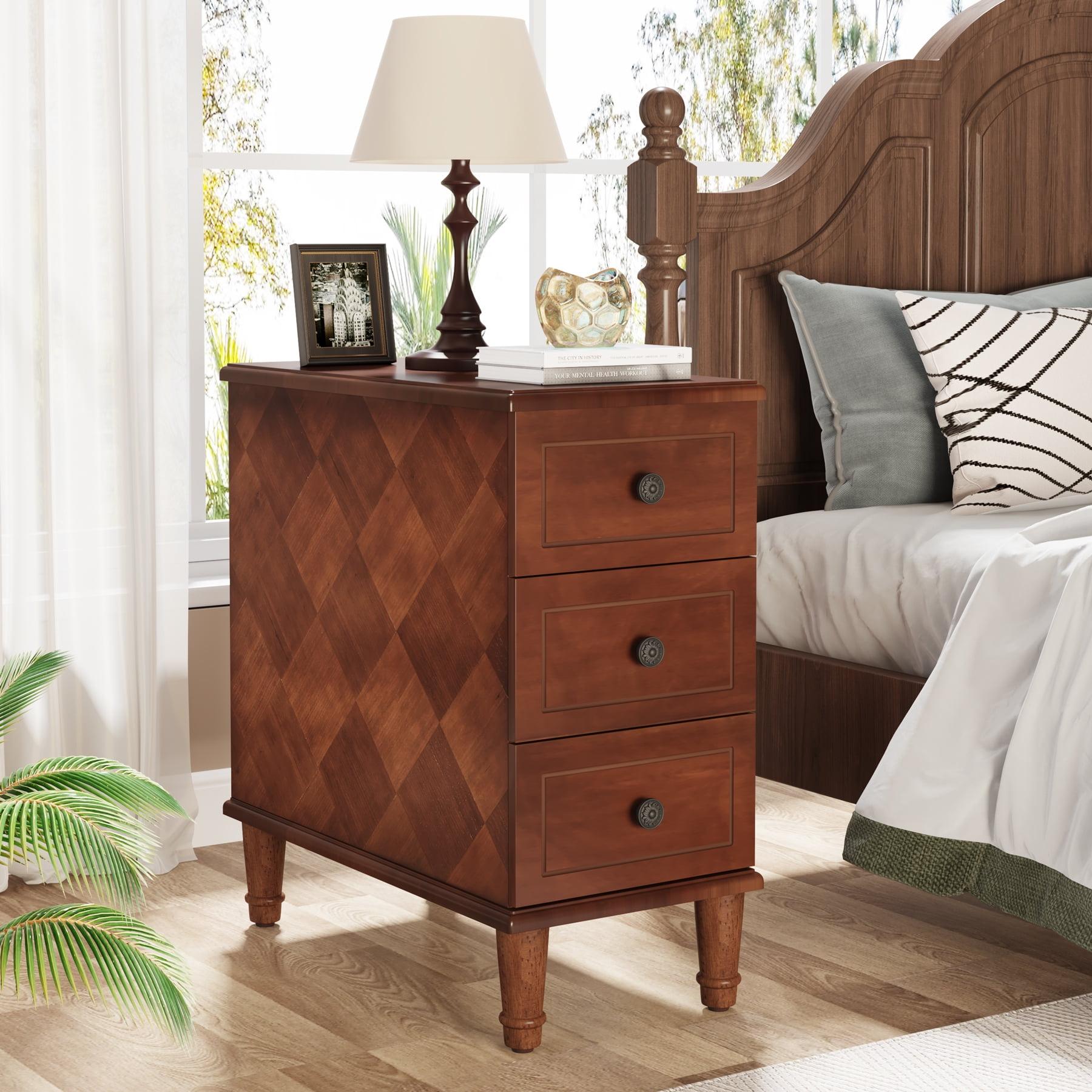 Hokku Designs Solid Wood End Table, Fully Assembled Narrow Side Table With Drawers, Pre-Assembled Nightstand Slim Bedside Table For Small Spaces, Living Room, Bedroom, Brown