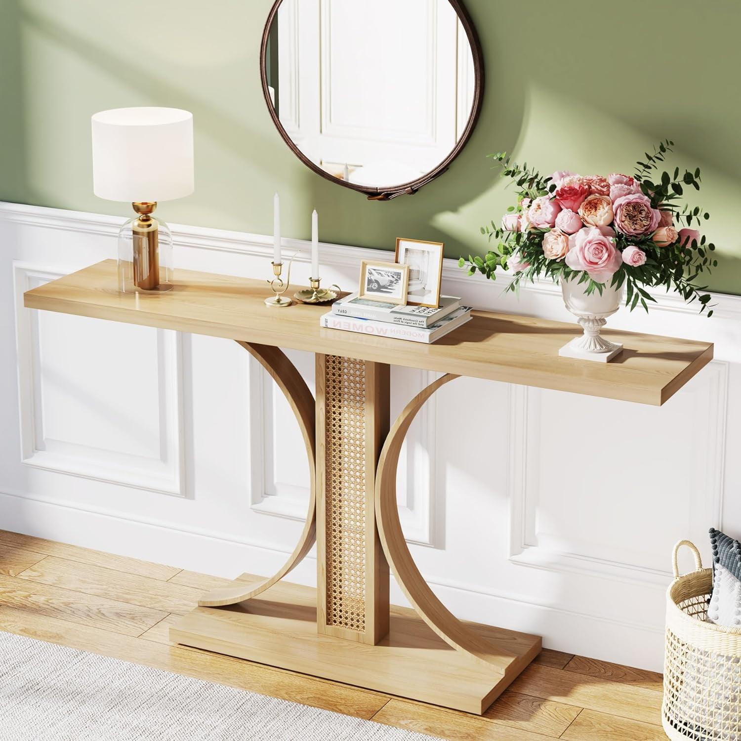 Tribesigns 55 Inches Rattan Console Table, Farmhouse Hallway Table, Light Brown