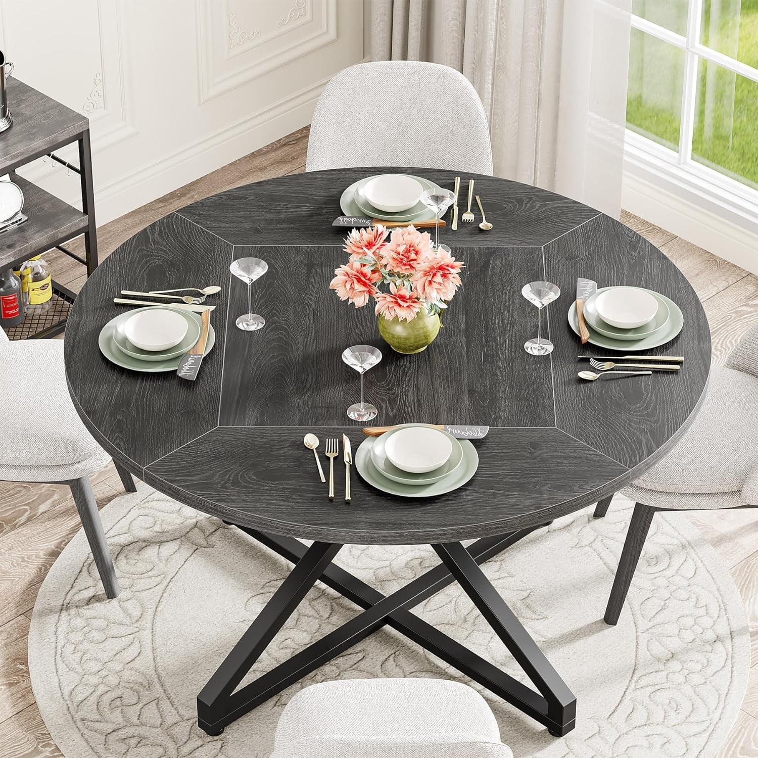 47-Inch Gray Wood Round Dining Table with Metal Pedestal Base