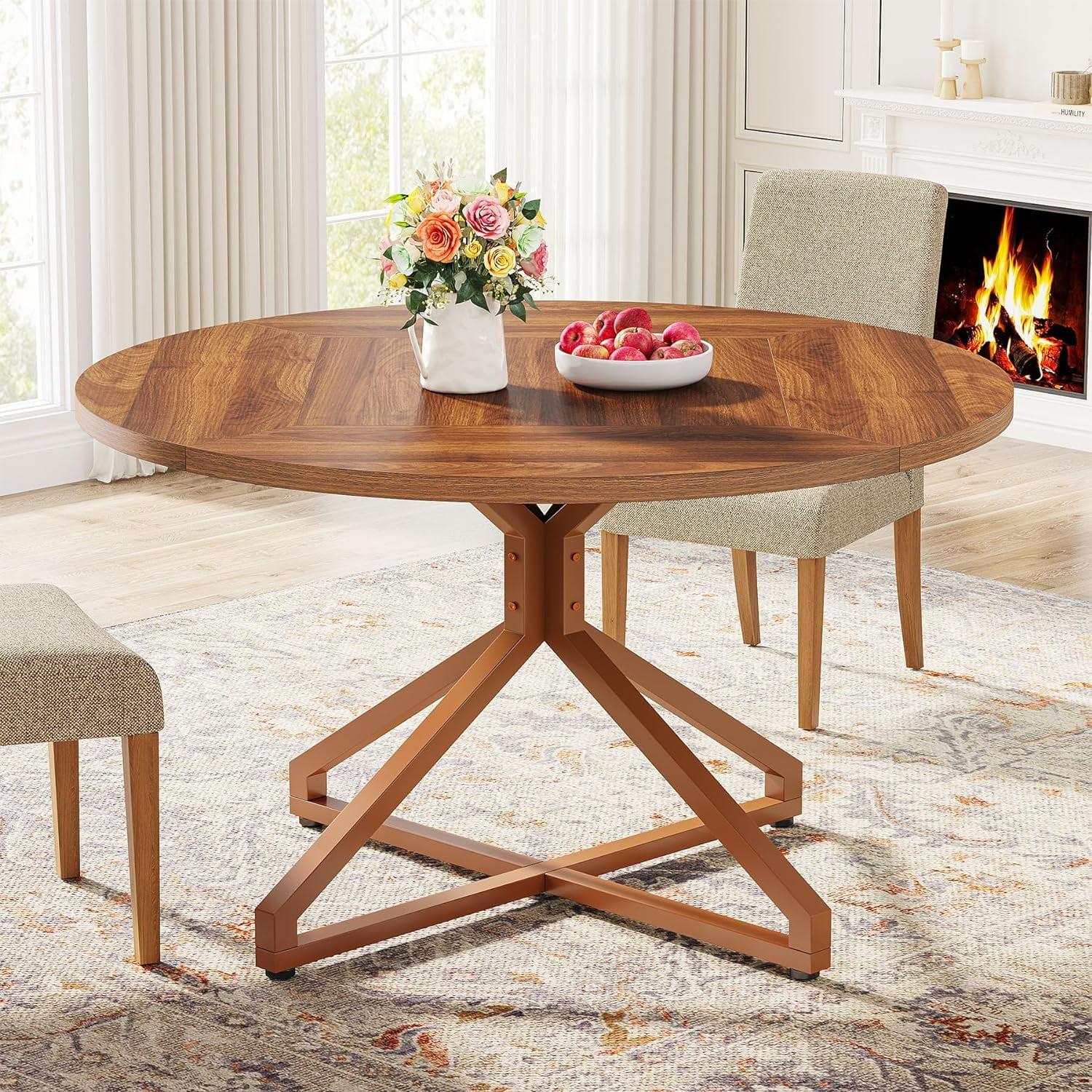 Tribesigns Round Dining Table for 4-6 People, 47-Inch Circle Kitchen Table with Metal Pedestal Base, Wood Dinner Table for Dining Room, Kitchen