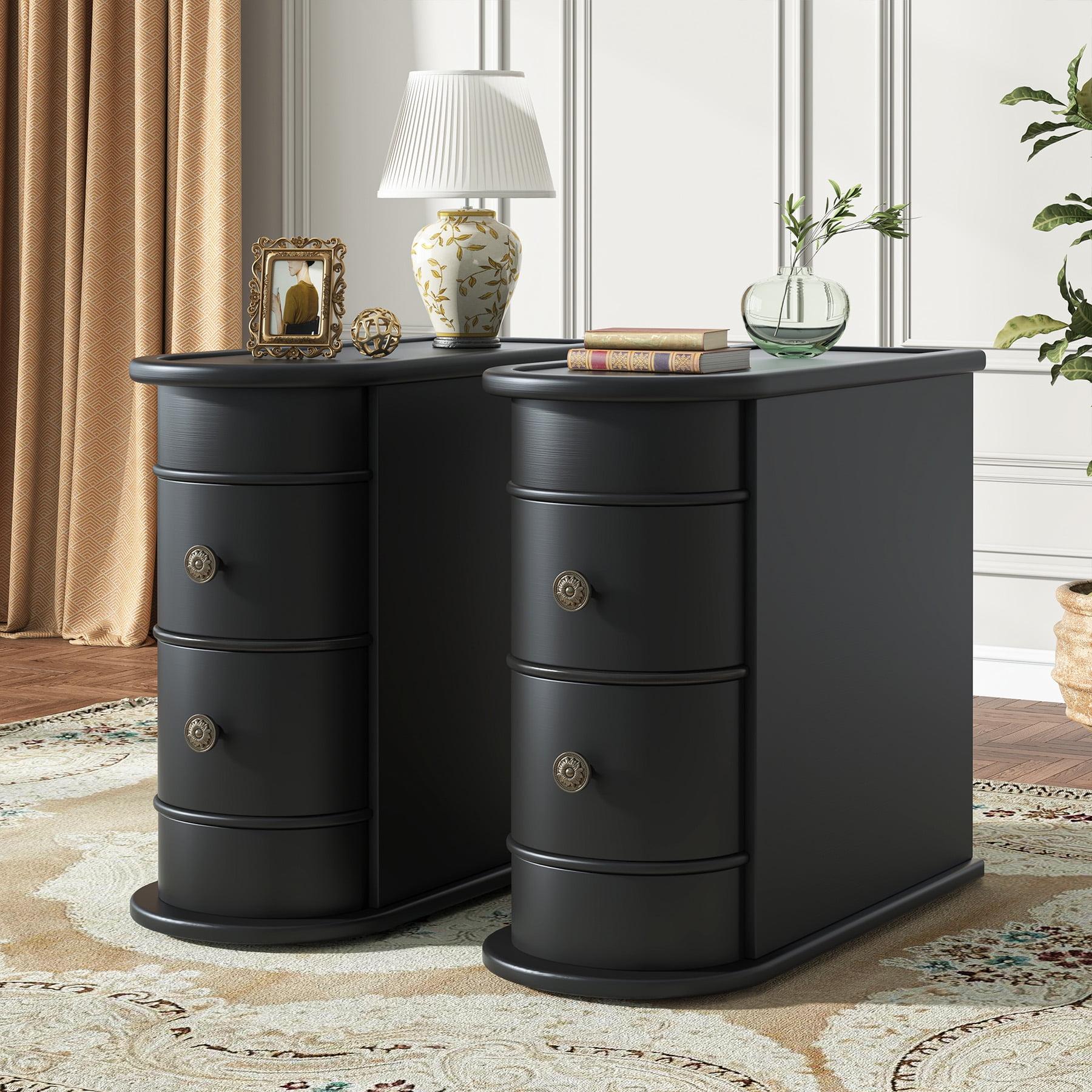 Hommoo Wood Narrow Nightstand with 2 Drawers Black