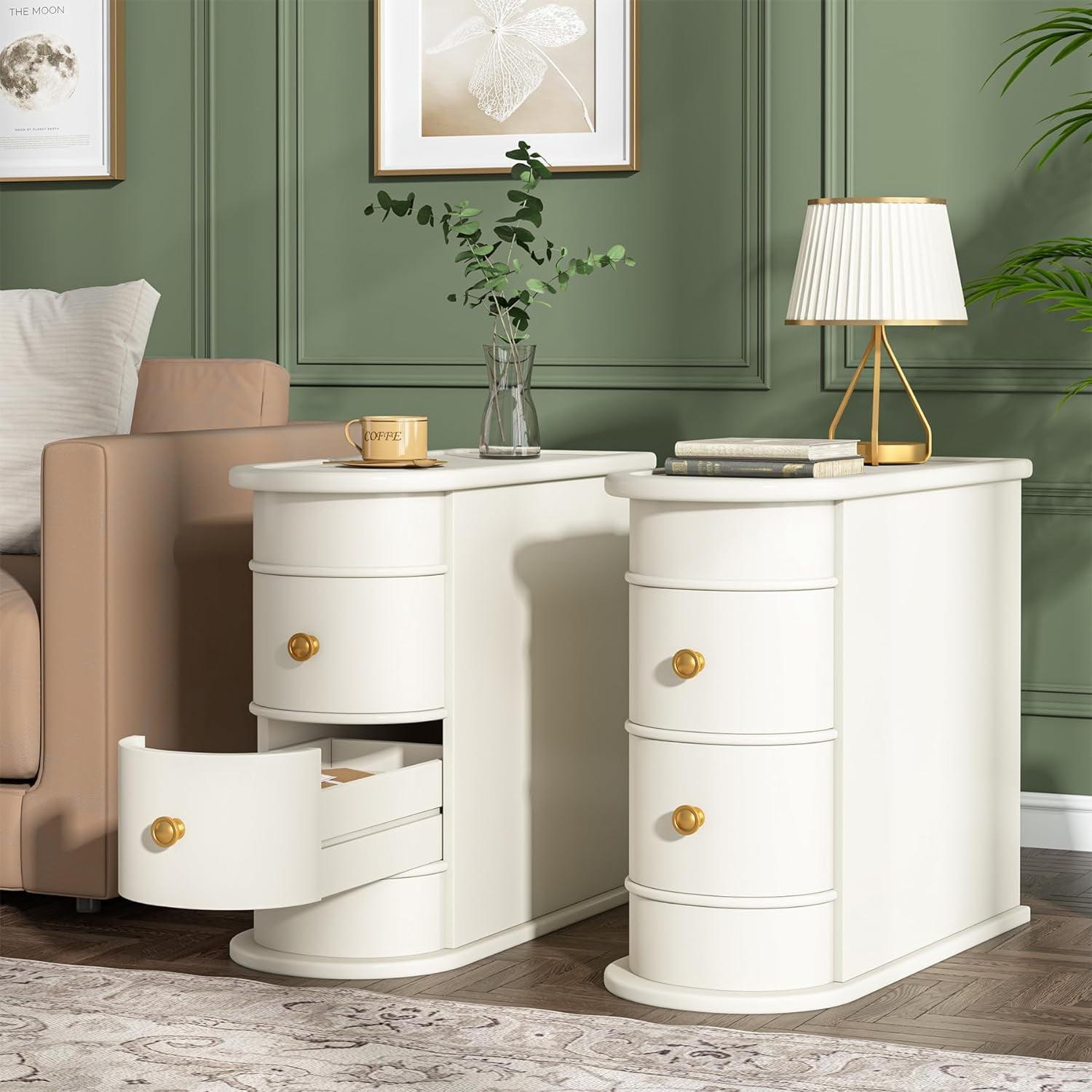 Hommoo Wood Narrow Nightstand with 2 Drawers Off-White