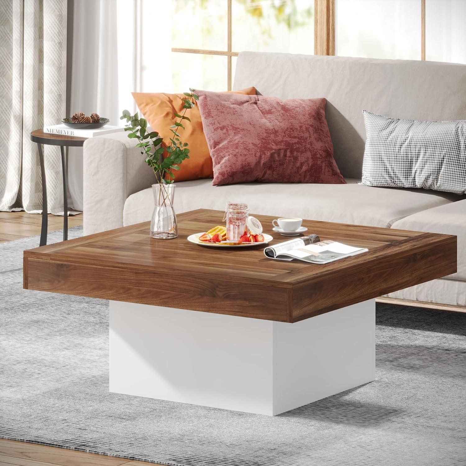 Tribesigns Farmhouse Square LED Table, Engineered Wood  Low Coffee Table for Living Room, Brown and White