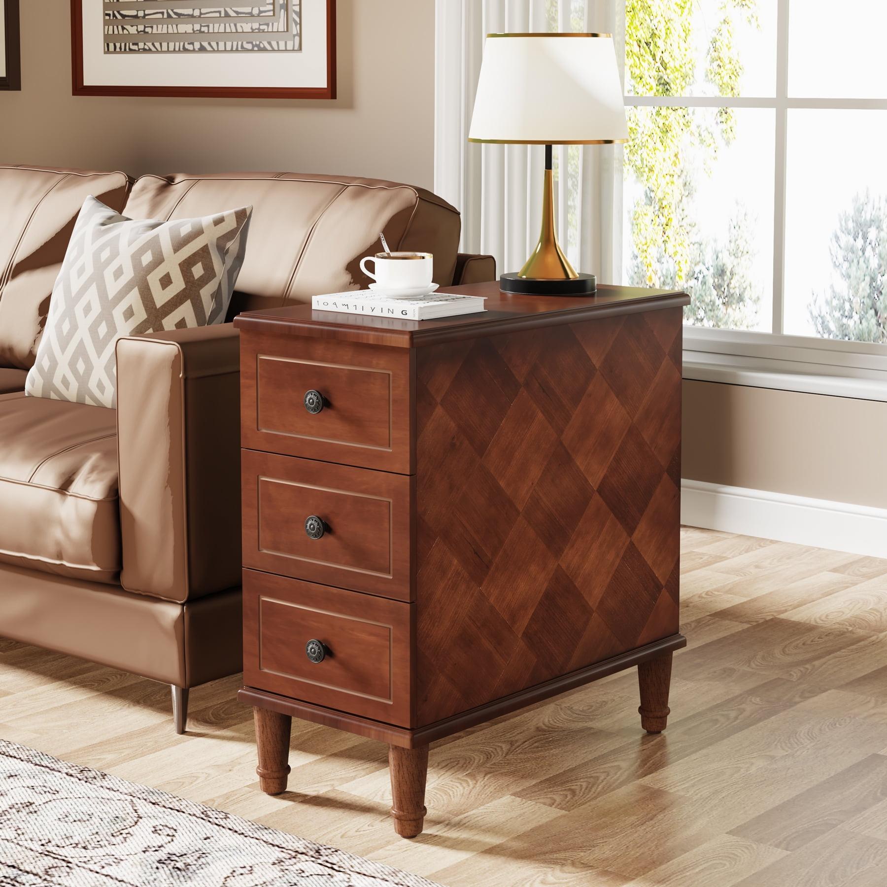 Hokku Designs Solid Wood End Table, Fully Assembled Narrow Side Table With Drawers, Pre-Assembled Nightstand Slim Bedside Table For Small Spaces, Living Room, Bedroom, Brown