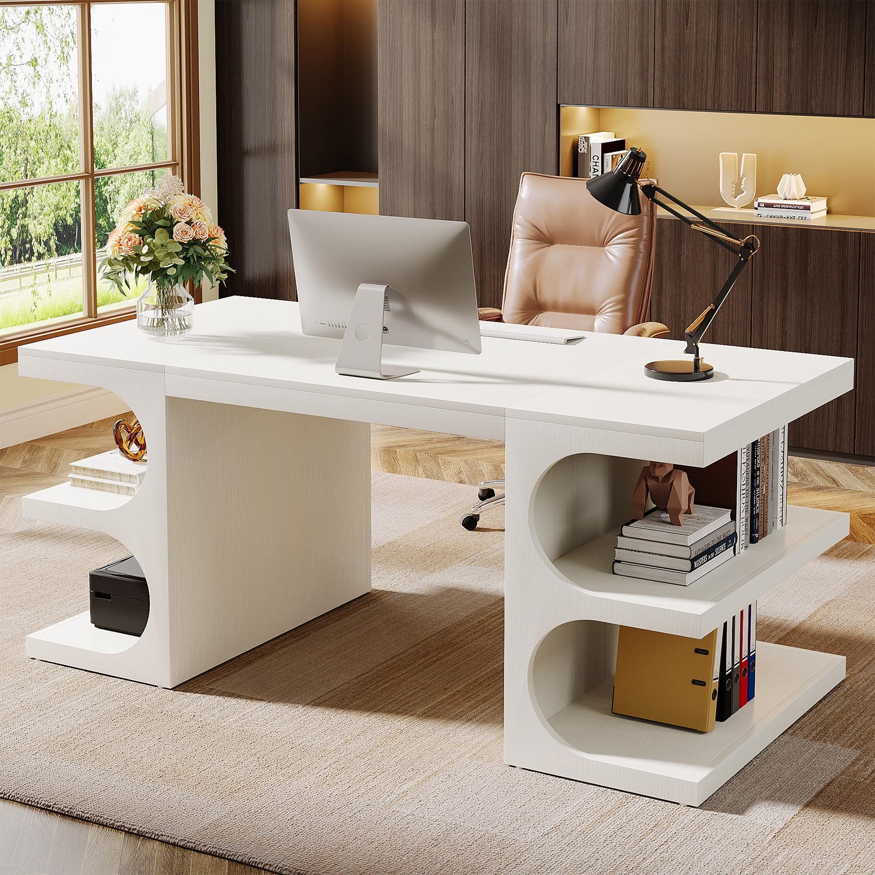 Ivy Bronx 62" White Computer Desk For Home Office, Modern Executive Office Desk with  Storage Shelves