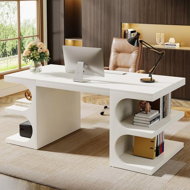 Ivy Bronx 62" White Computer Desk For Home Office, Modern Executive Office Desk with  Storage Shelves