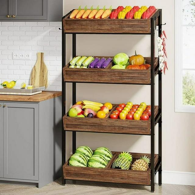Tribesigns Wood Fruit Vegetable Storage Rack Stand,4-Tier Stackable Fruit Basket Organizer Rack