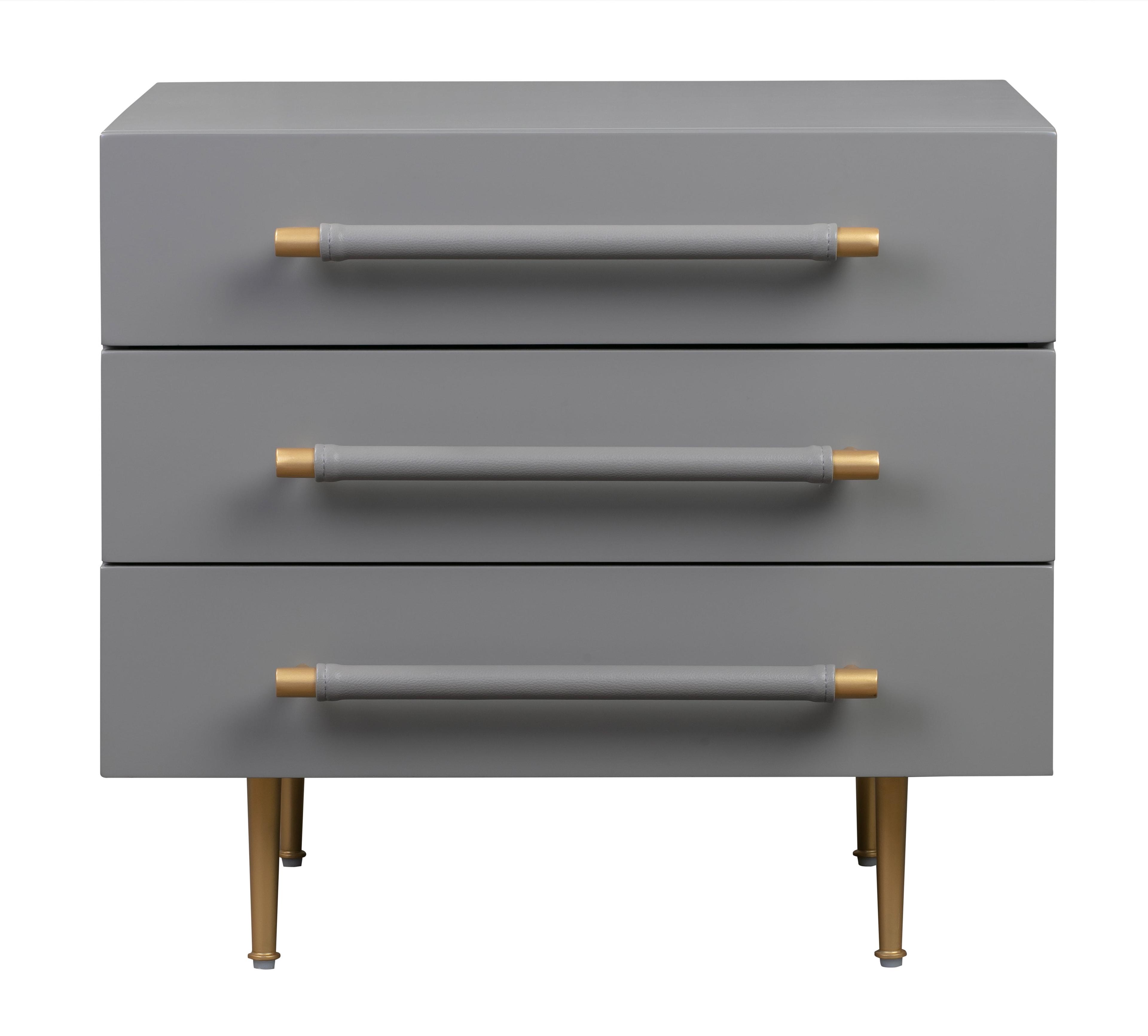Gray 3-Drawer Nightstand with Brass Accents