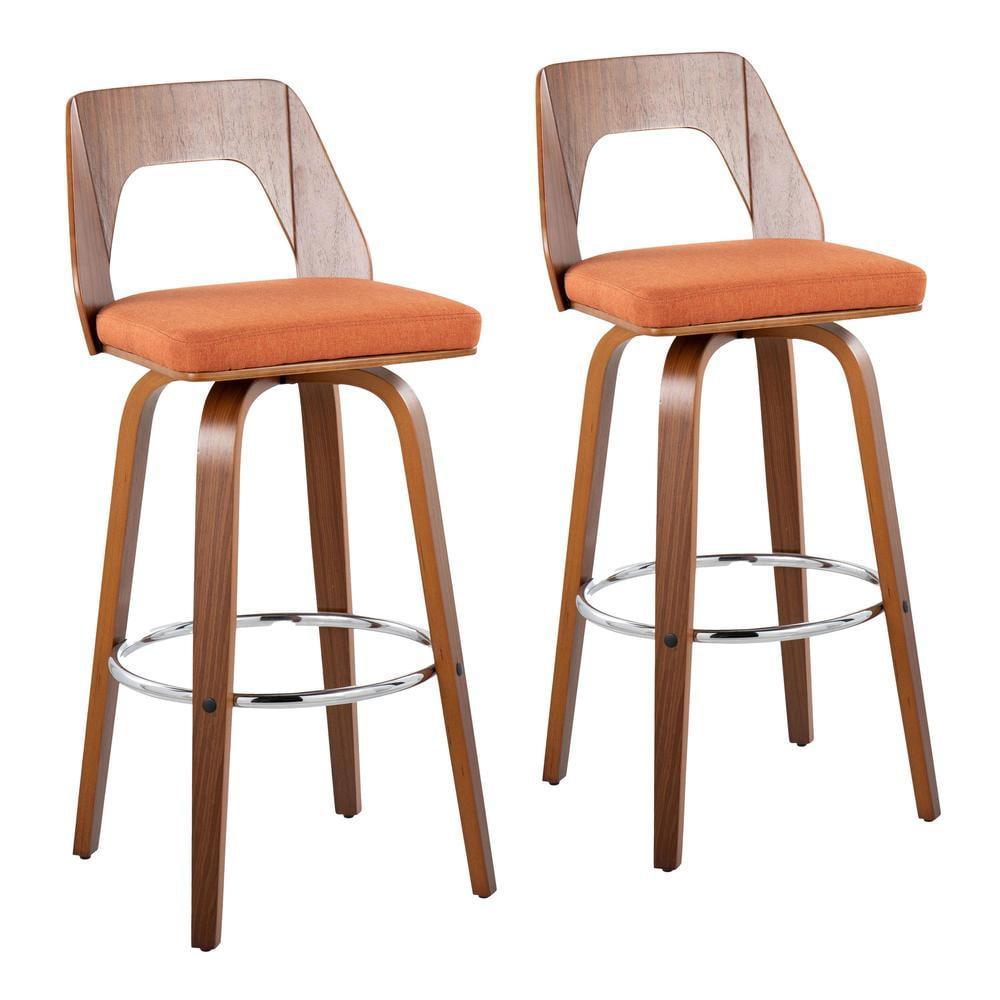 Walnut and Orange Mid-Century Modern Swivel Barstool Pair