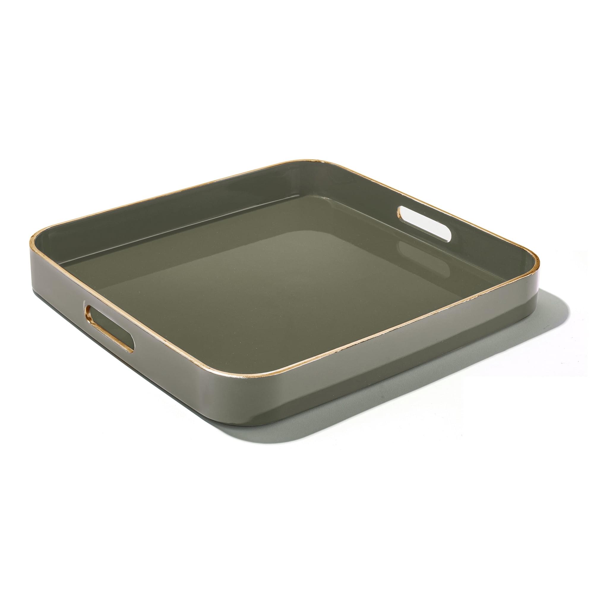 Trina Turk, Sage with Gold Rim Polypropylene Square Serving Tray with Handles, Set of 2