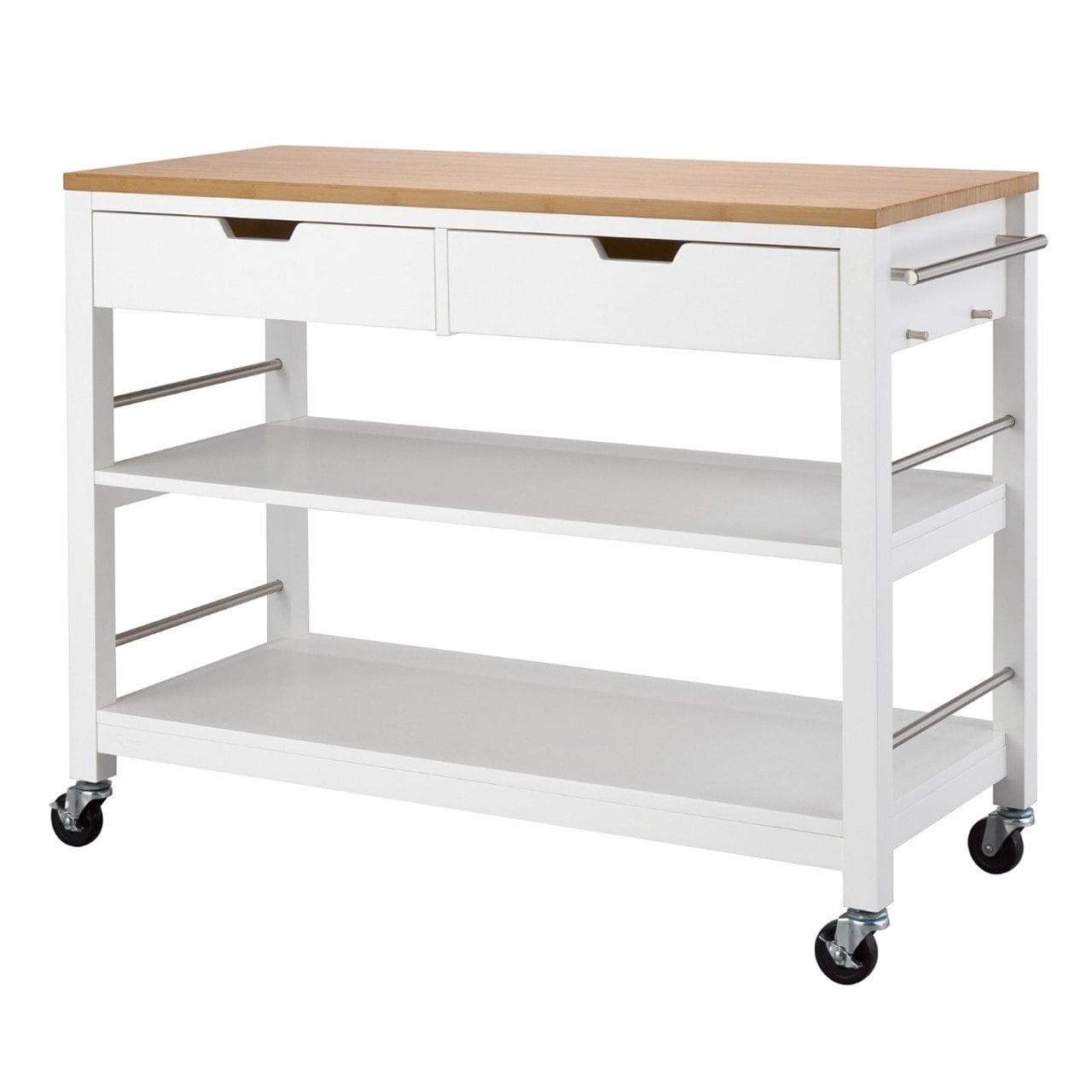 Sleek 48" White Rubberwood Kitchen Island with Stainless Steel Accents