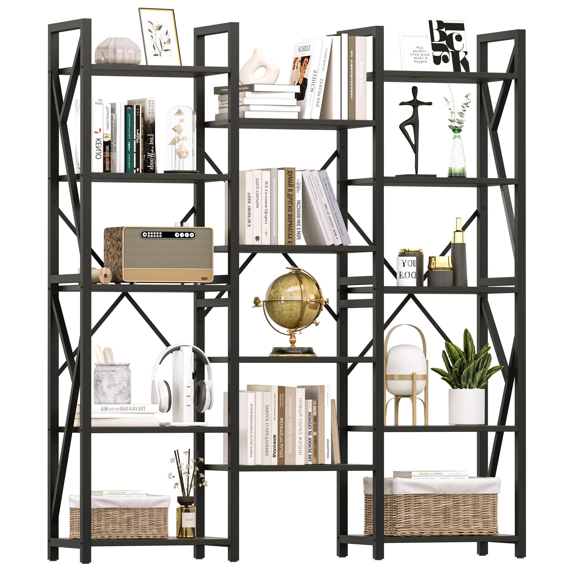 Black Industrial Triple Wide 5-Tier Bookshelf with Metal Frame