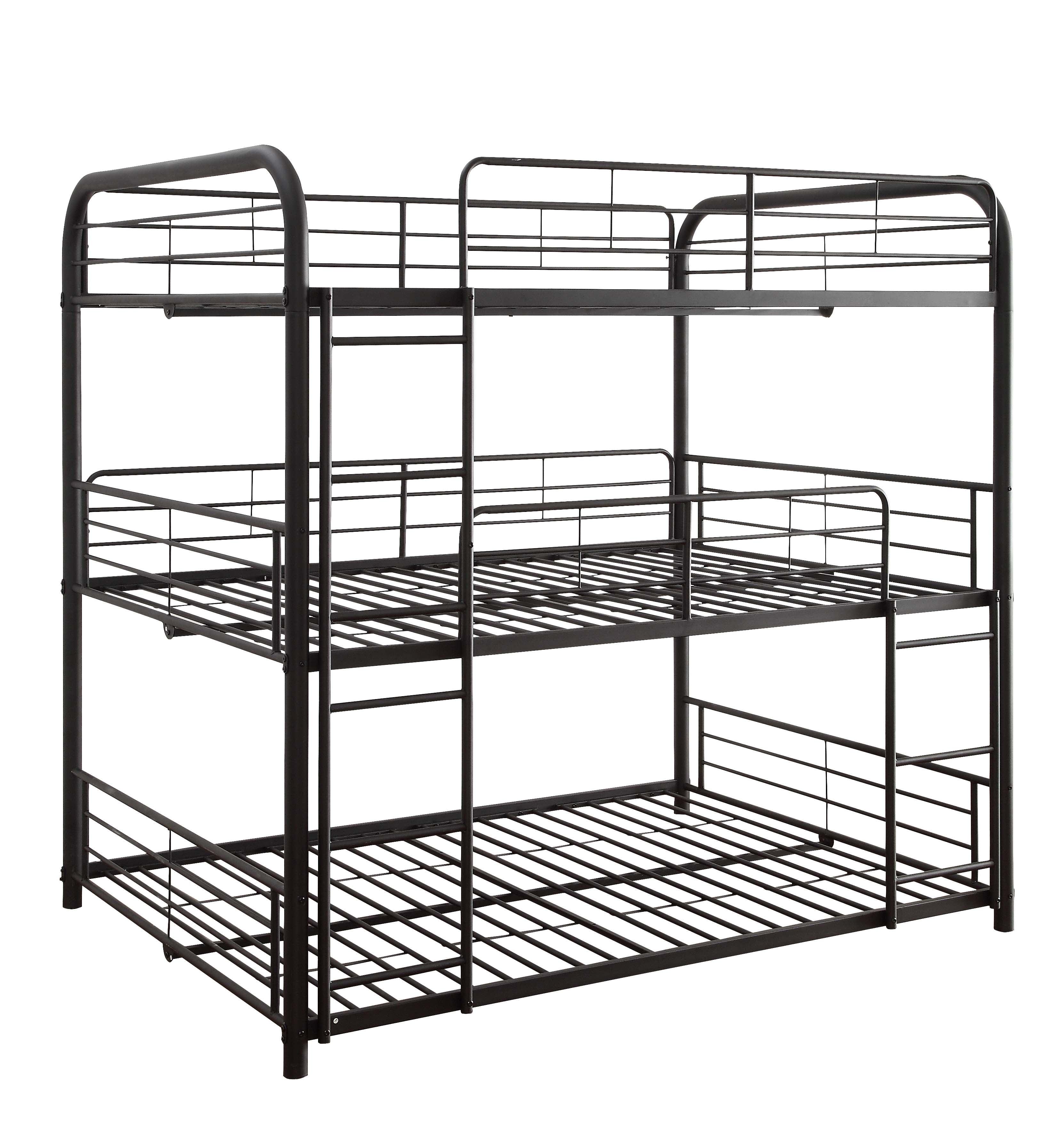 Triple Layer Twin Size Metal Bunk Bed with Attached Ladder, Black- Saltoro Sherpi