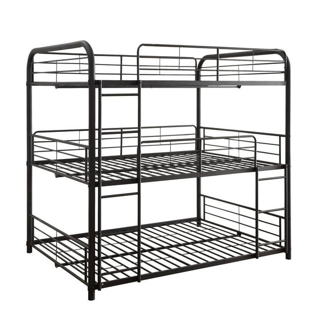 Triple Layer Twin Size Metal Bunk Bed with Attached Ladder, Black- Saltoro Sherpi