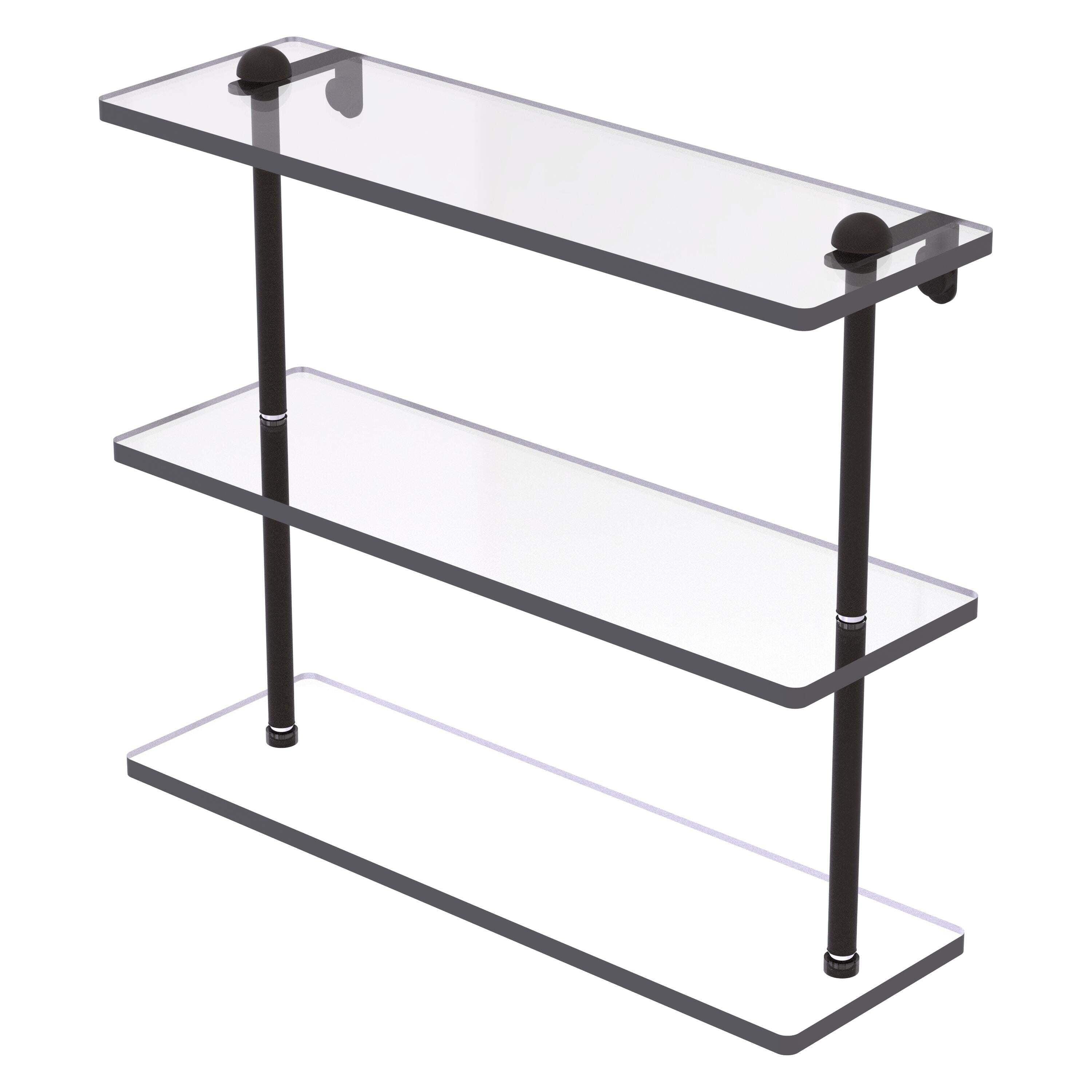 16-Inch Black Tempered Glass Triple Tier Wall Shelf