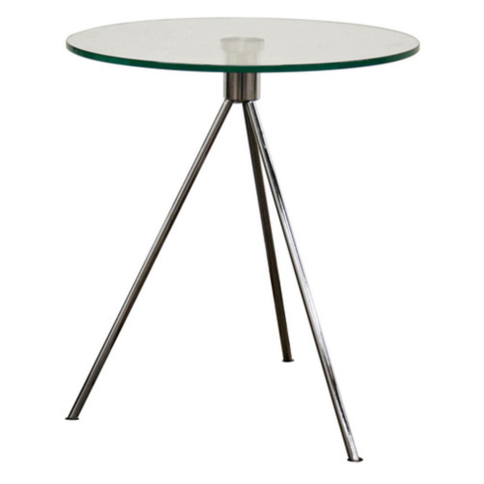 Triplet Round Glass Top End Table with Tripod Base - Baxton Studio: Brushed Steel, Modern Bedside Accent Table