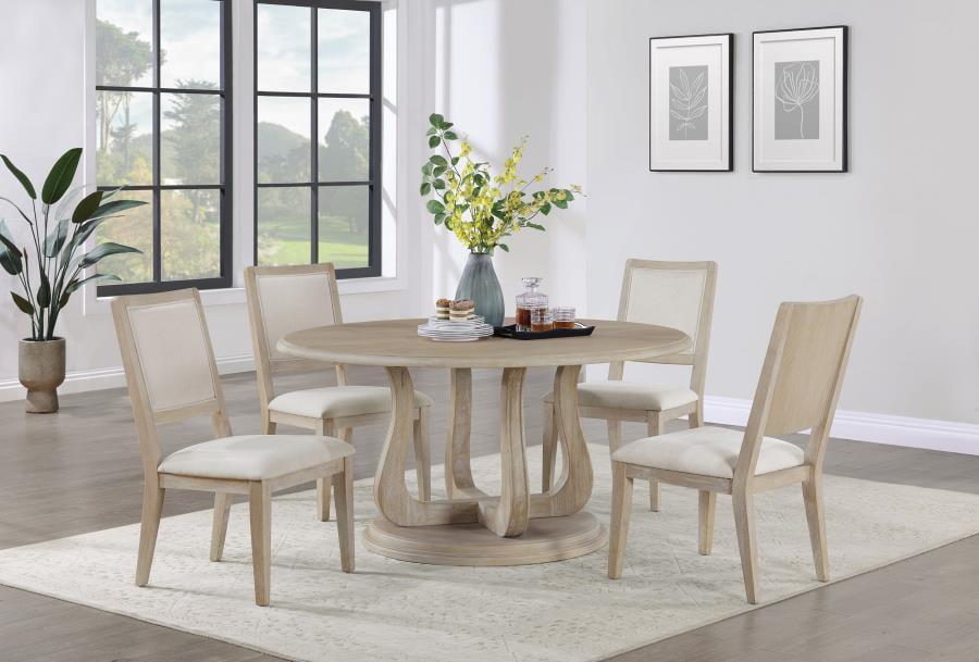 Whitewashed Wood 5-Piece Round Dining Table Set with Beige Upholstery