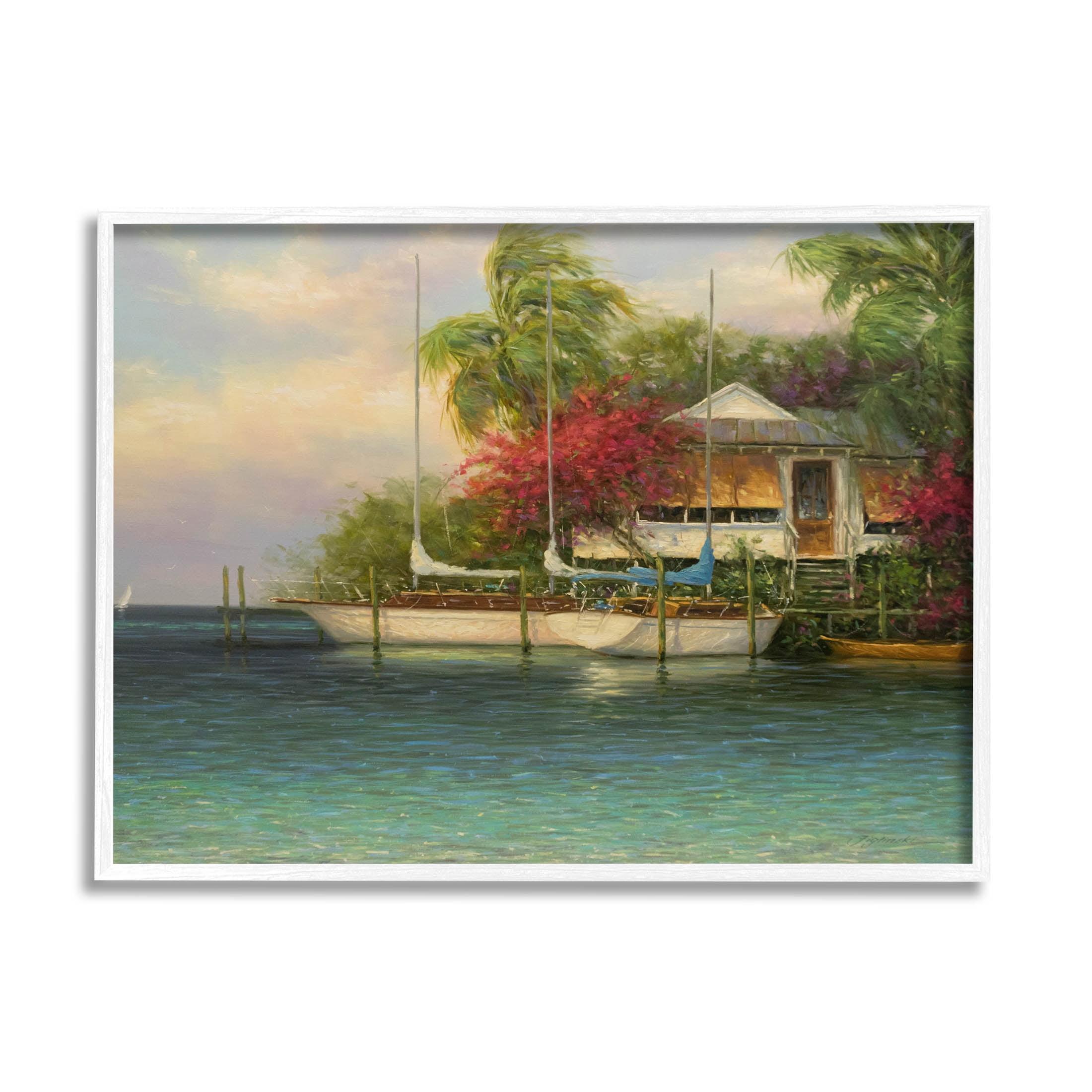 Tropical Boats Waterfront Scenery White Framed Canvas Print