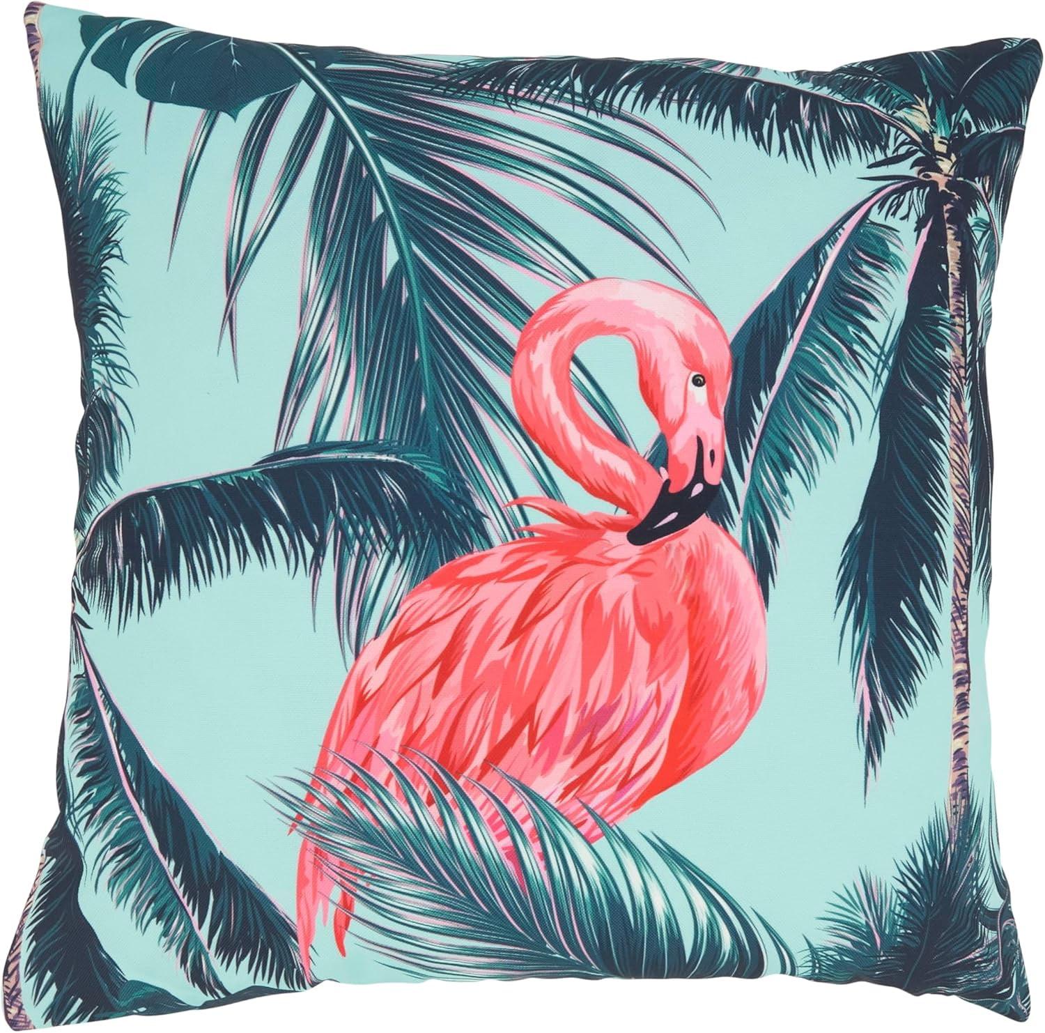 Saro Tropical Flamingo and Palm Tree Outdoor Pillow with Poly Fill
