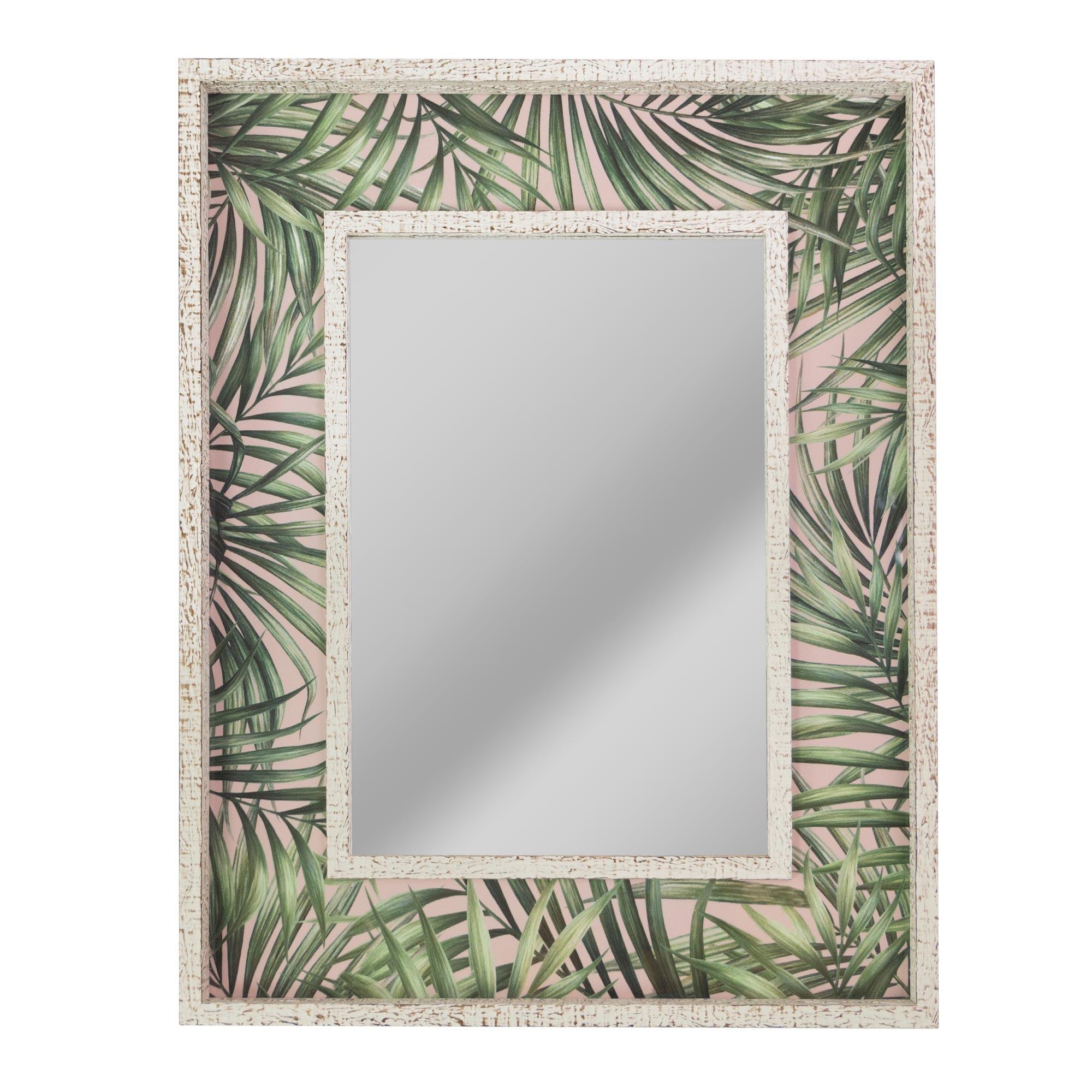 Tropical Leaves Distressed White Wood Accent Mirror 29"x23"