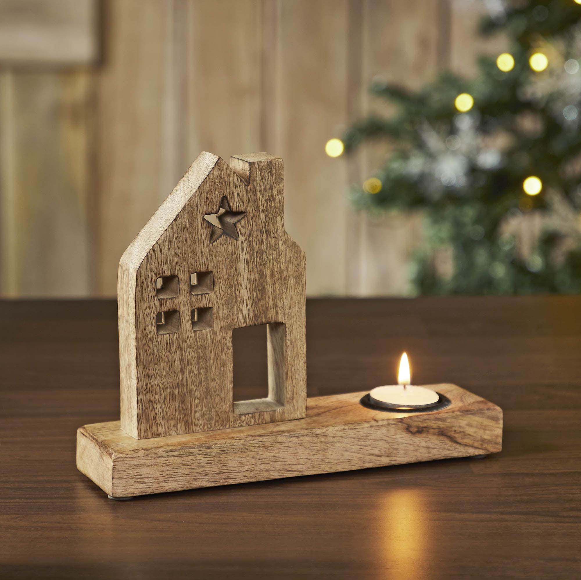 Natural Wood Saltbox House Tealight Holder with Star Cutout