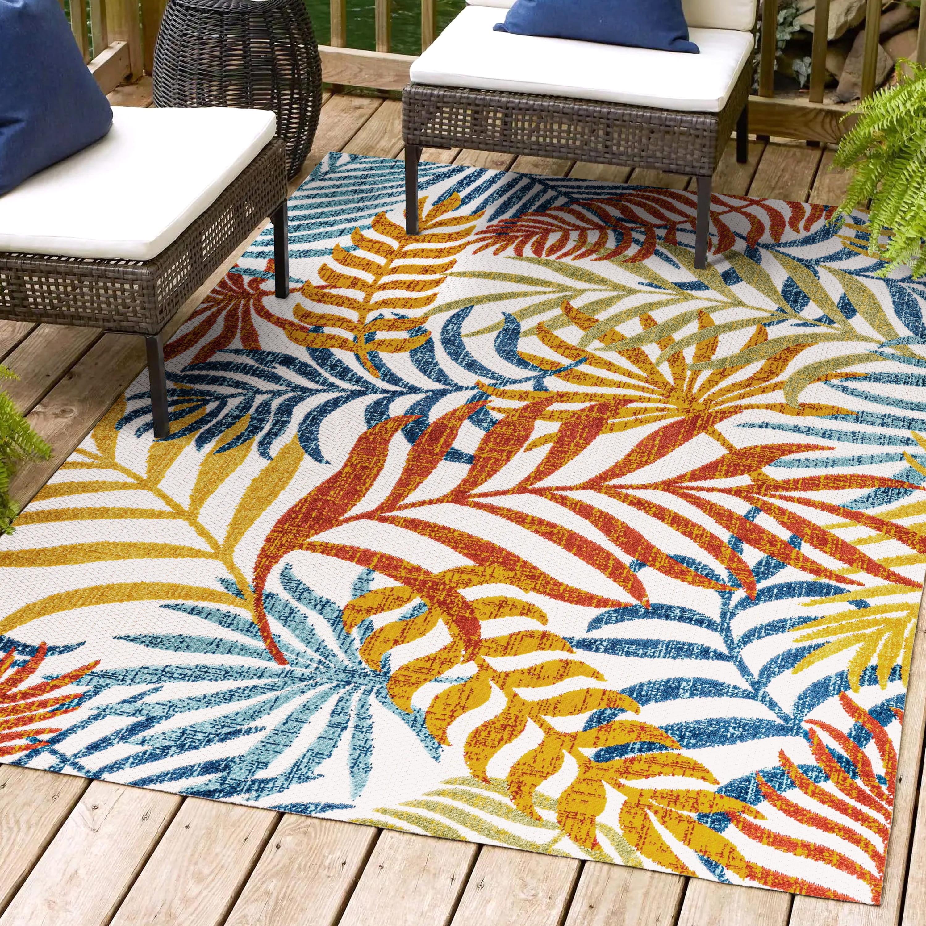 Cream and Orange Tropical Palm Leaves 5' x 8' Indoor/Outdoor Rug