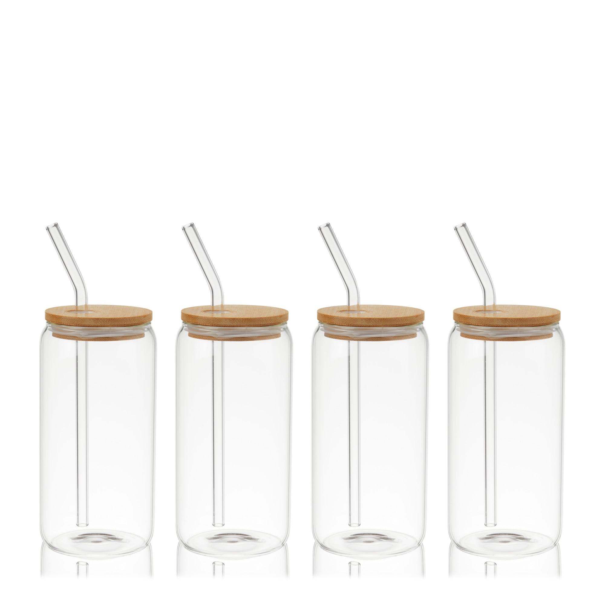 Clear Glass Travel Tumblers with Bamboo Lids and Straws, 16 oz, Set of 4