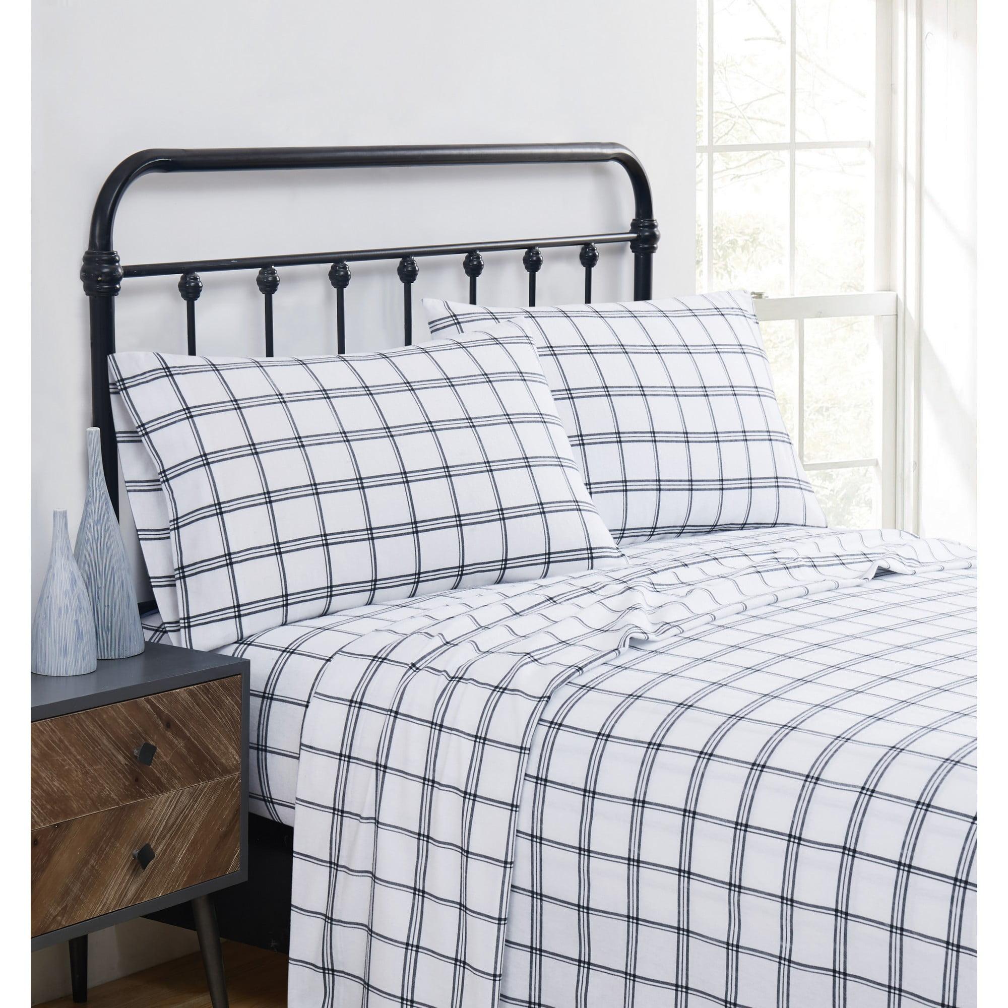 King White and Black Cotton Flannel Plaid Sheet Set