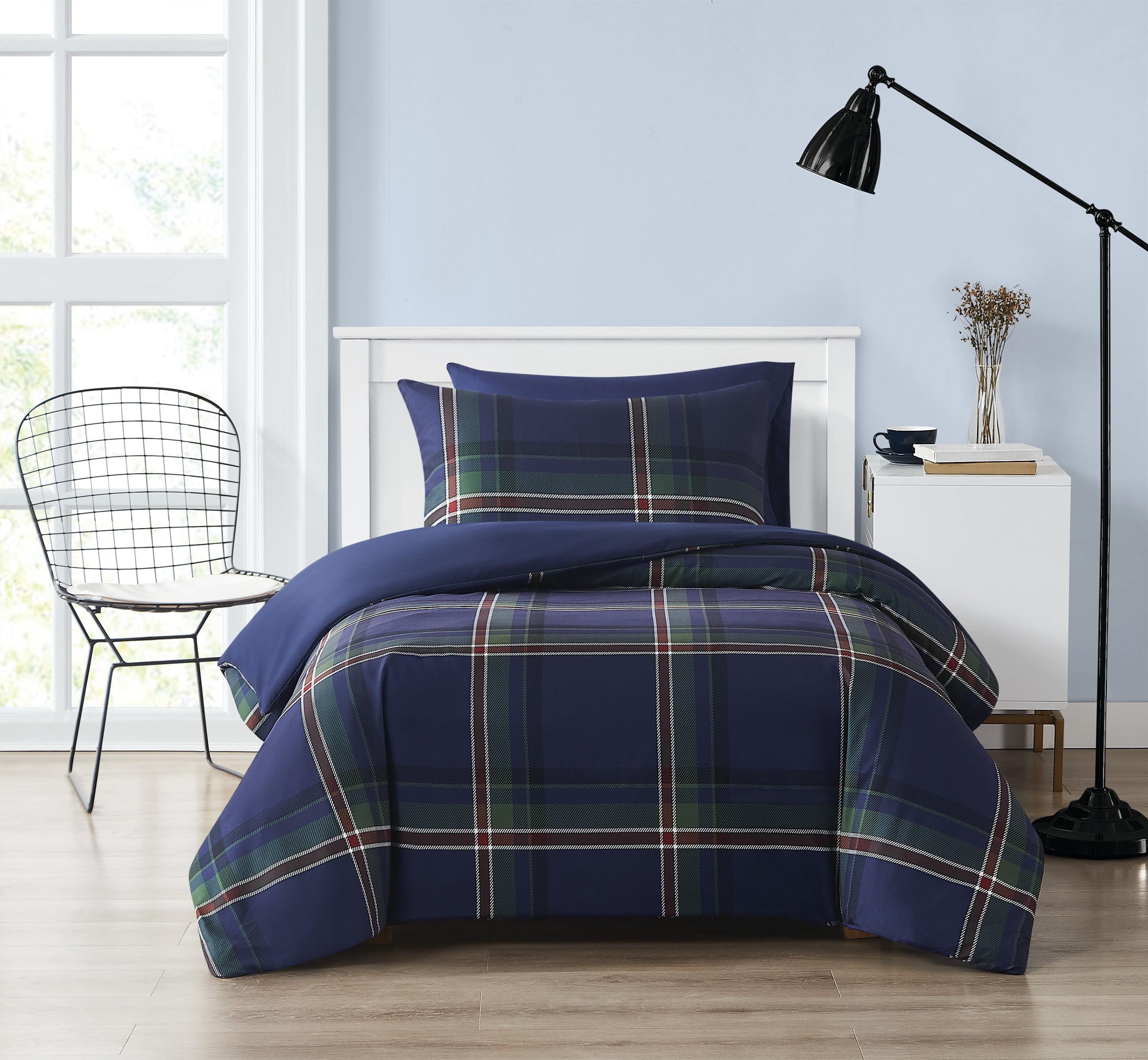 Twin Blue Microfiber Reversible Plaid Bedspread Set