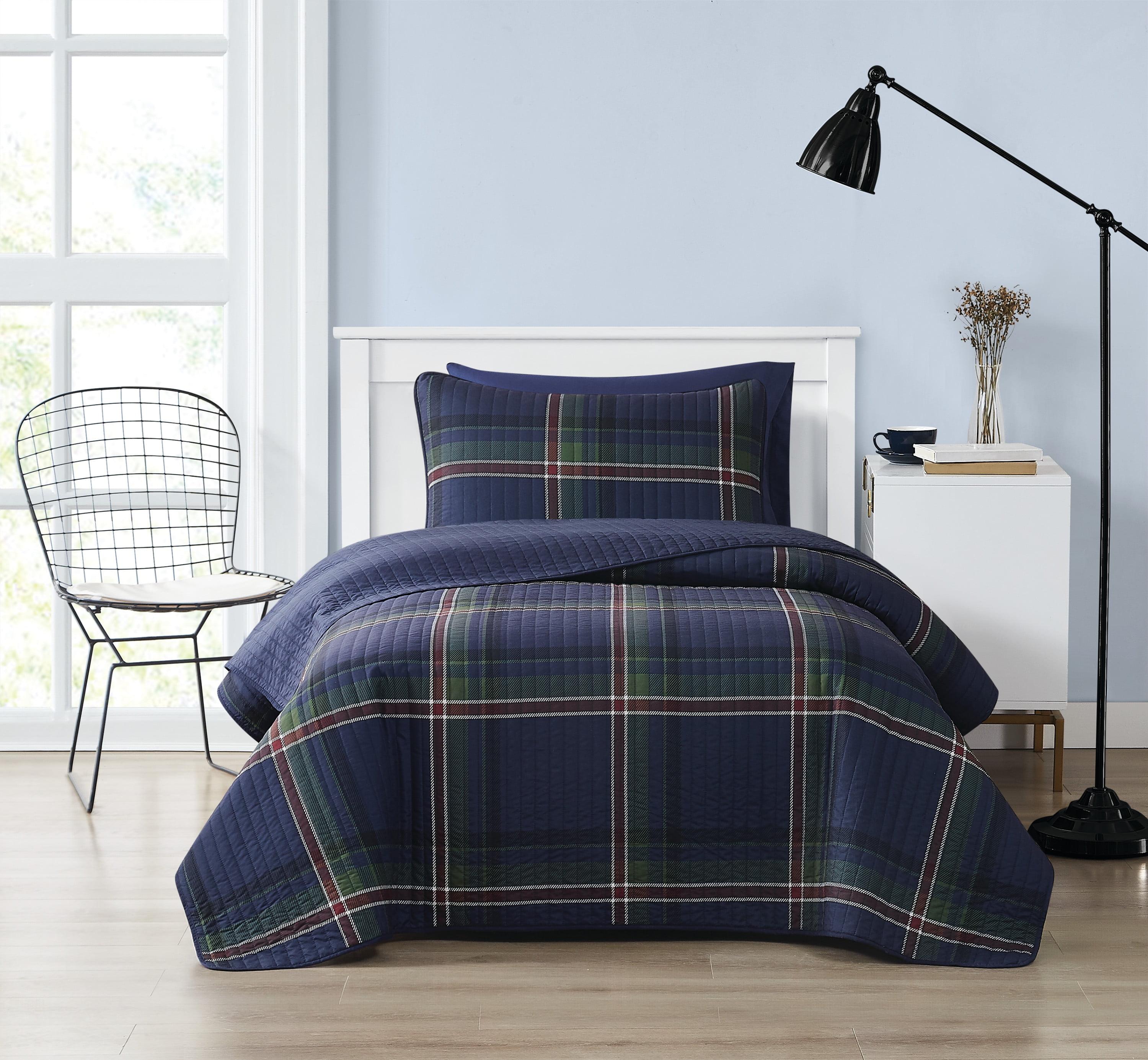 Twin Blue Plaid Microfiber Quilt Set with Shams