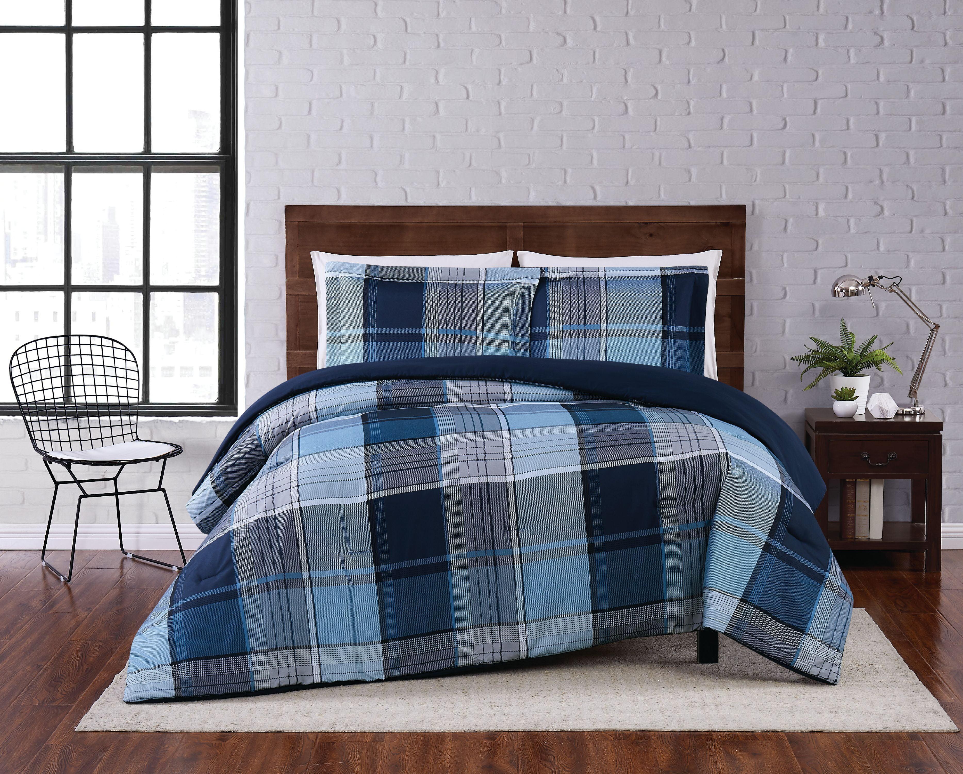 Full/Queen Blue Plaid Reversible Microfiber Comforter Set