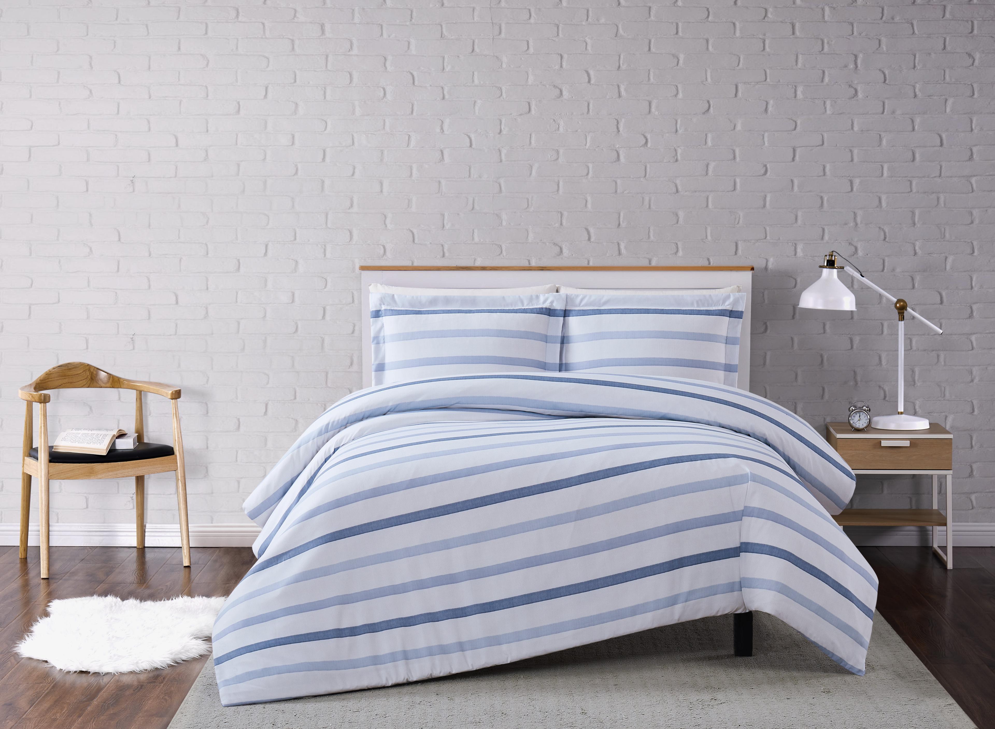 Waffle Stripe Duvet Cover Set Blue/White - Truly Soft