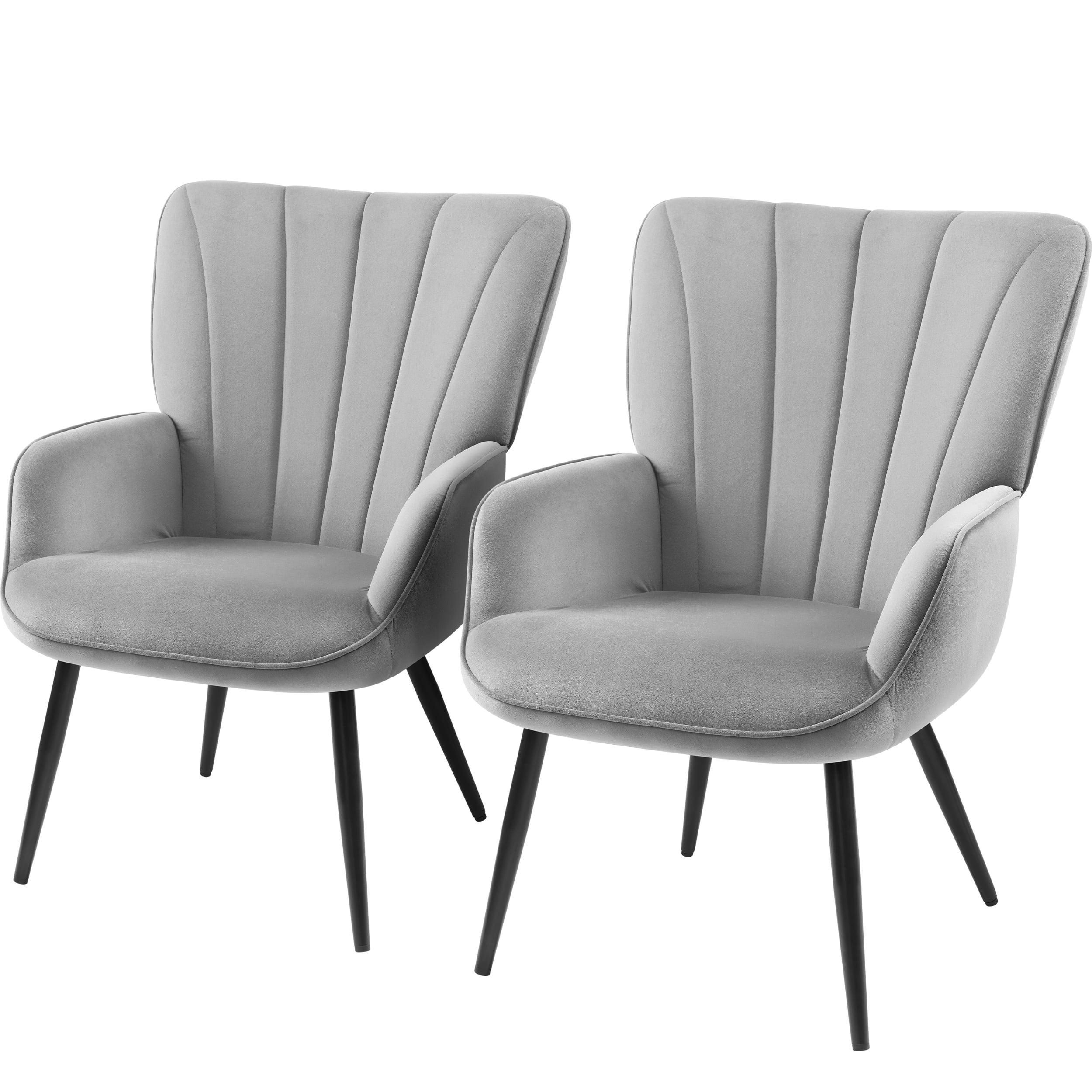 Gray Velvet Armchair Set with Black Metal Legs