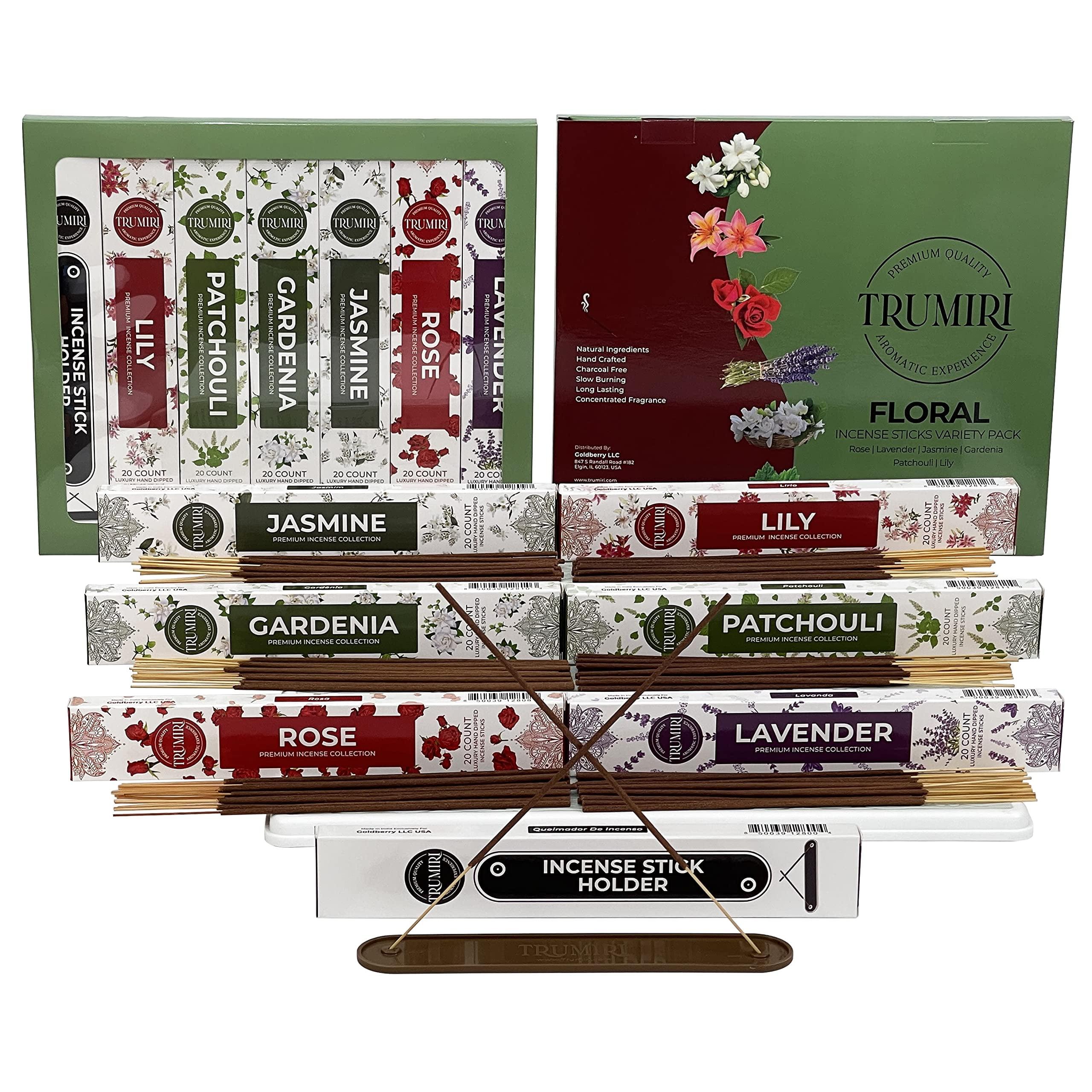 Trumiri Floral Incense Sticks Variety Pack & Incense Burner - Gift Set - 120 Inciensos Aromaticos (6 fragrances x 20 pieces each) - Rose, Lavender, Jasmine, Gardenia, Patchouli, Lily