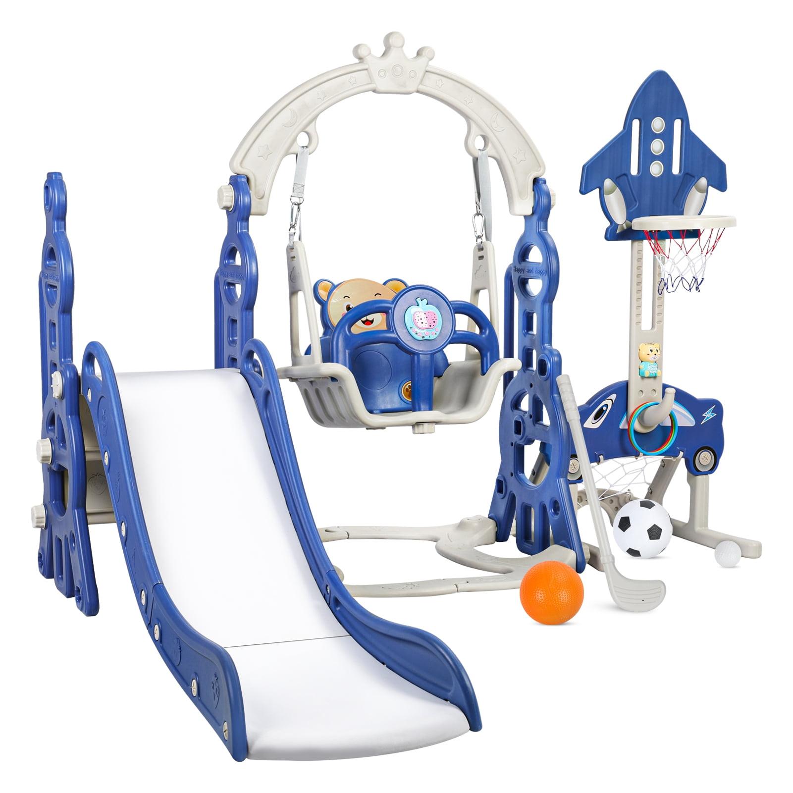 Blue 5-in-1 Indoor Plastic Slide and Swing Set