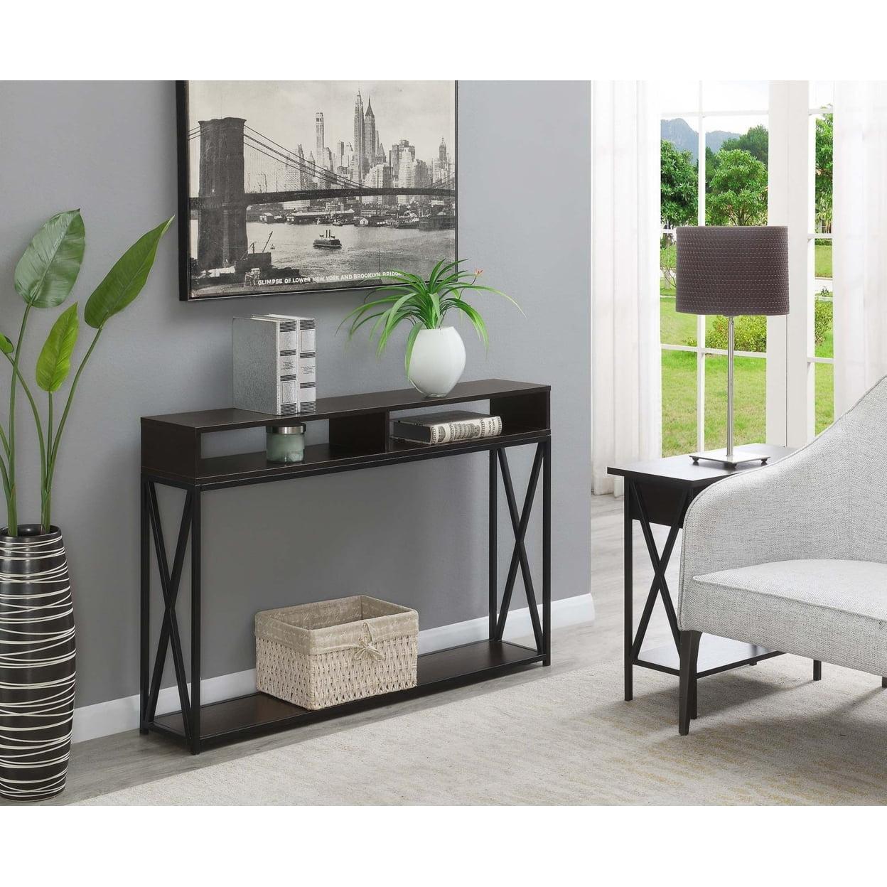 Espresso and Black Dual-Tiered Metal & Wood Console Table with Storage