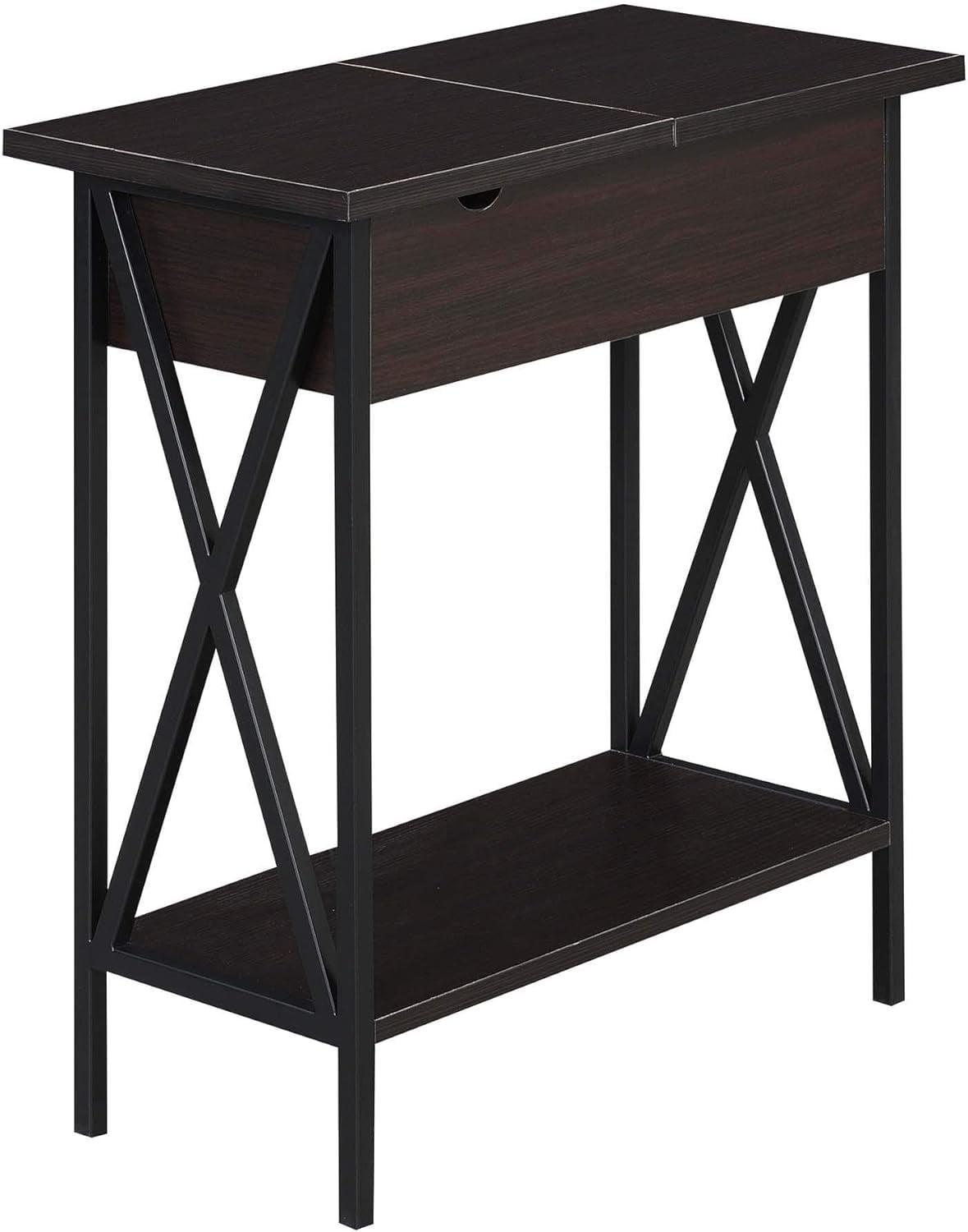 Espresso and Black Wood Metal Square End Table with Charging Station