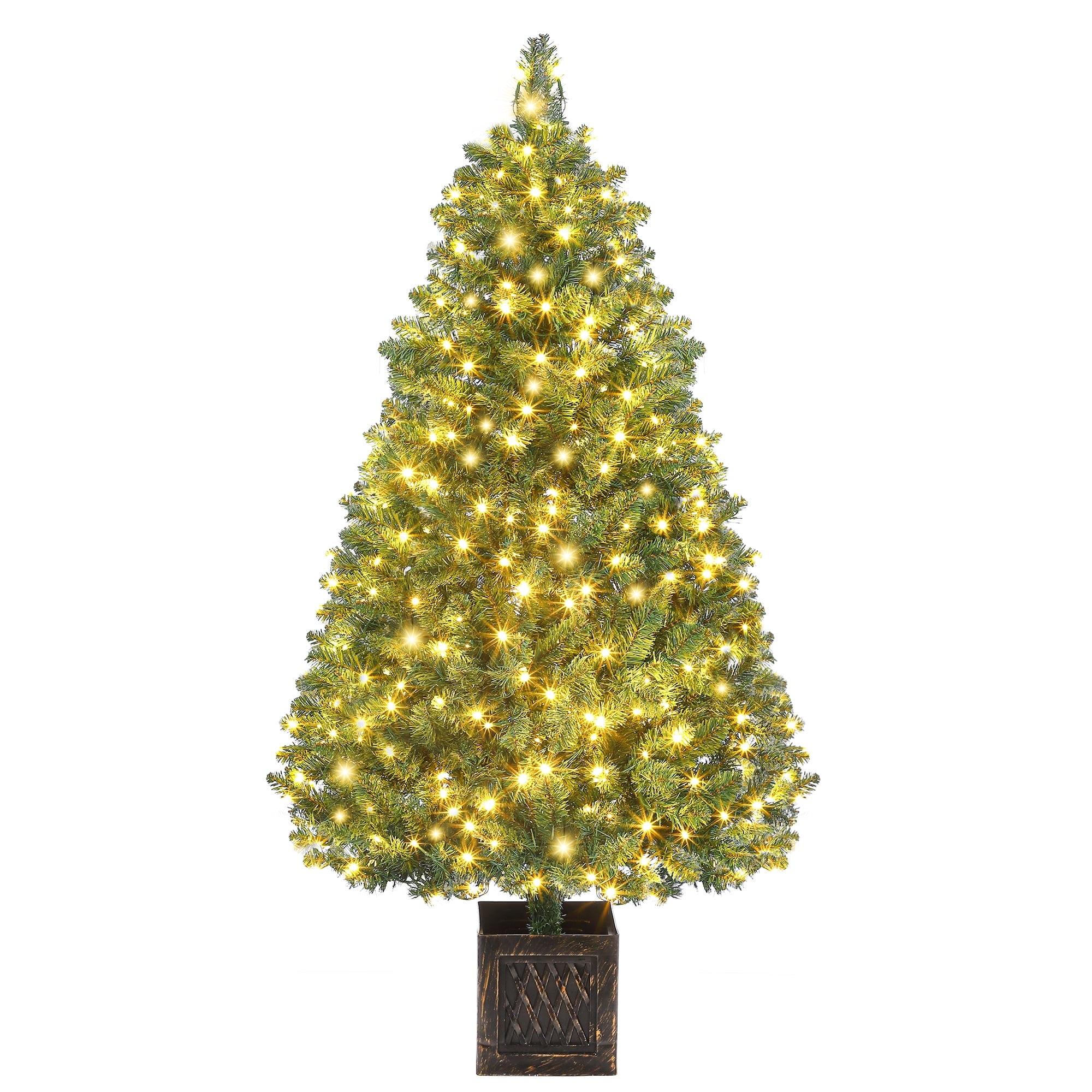 4.5 Ft Artificial Christmas Tree, Pre-Lit Christmas Tree with 300 Warm White LED lights, Holiday Xmas Tree with Vintage Potted Base