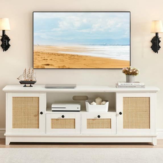 TROPOW Tv Stands for Living Room,Rattan TV Stand, Boho Entertainment Center for 65 Inch TV, TV Console with 2 Cabinets & Adjustable Shelf, Modern TV Stand with Storage, Media Console Cabinet,White