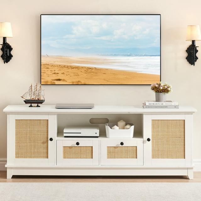 TROPOW Tv Stands for Living Room,Rattan TV Stand, Boho Entertainment Center for 65 Inch TV, TV Console with 2 Cabinets & Adjustable Shelf, Modern TV Stand with Storage, Media Console Cabinet,White