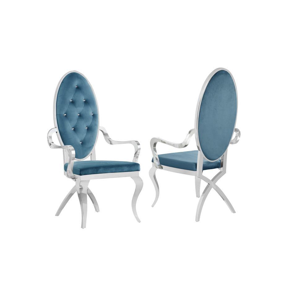 Elegant Teal Blue Velvet Round Arm Side Chair with Silver Stainless Steel Frame