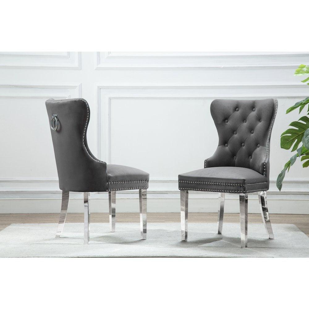 Tufted Dark Gray Velvet Side Chairs with Silver Stainless Steel (Set of 2)