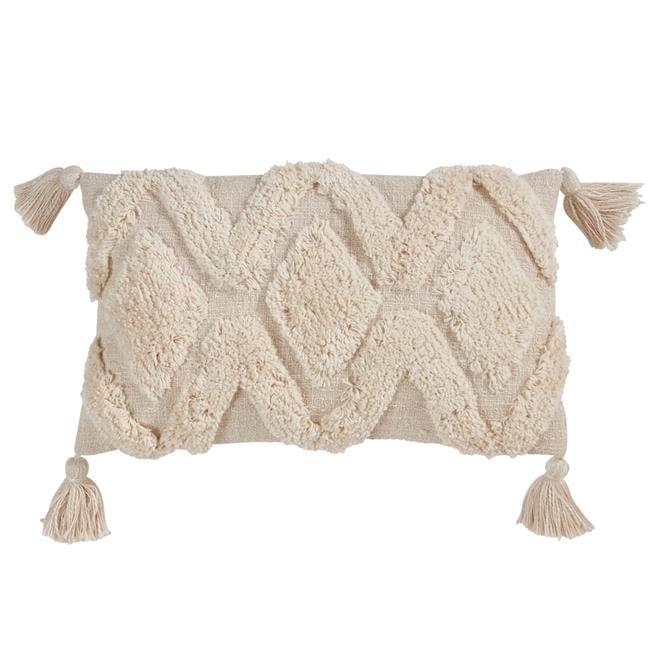 Ivory Tufted Diamond Lumbar Pillow with Tasseled Corners